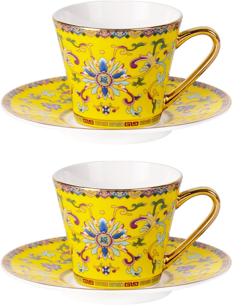 KAMMAK Tea Cups and Saucers Set of 2, Porcelain Coffee Cups with Saucer for Espresso, Cappuccino, 9oz Vintage Noble Yellow Ceramic Demitasse Mug for Home, Tea Party, Office