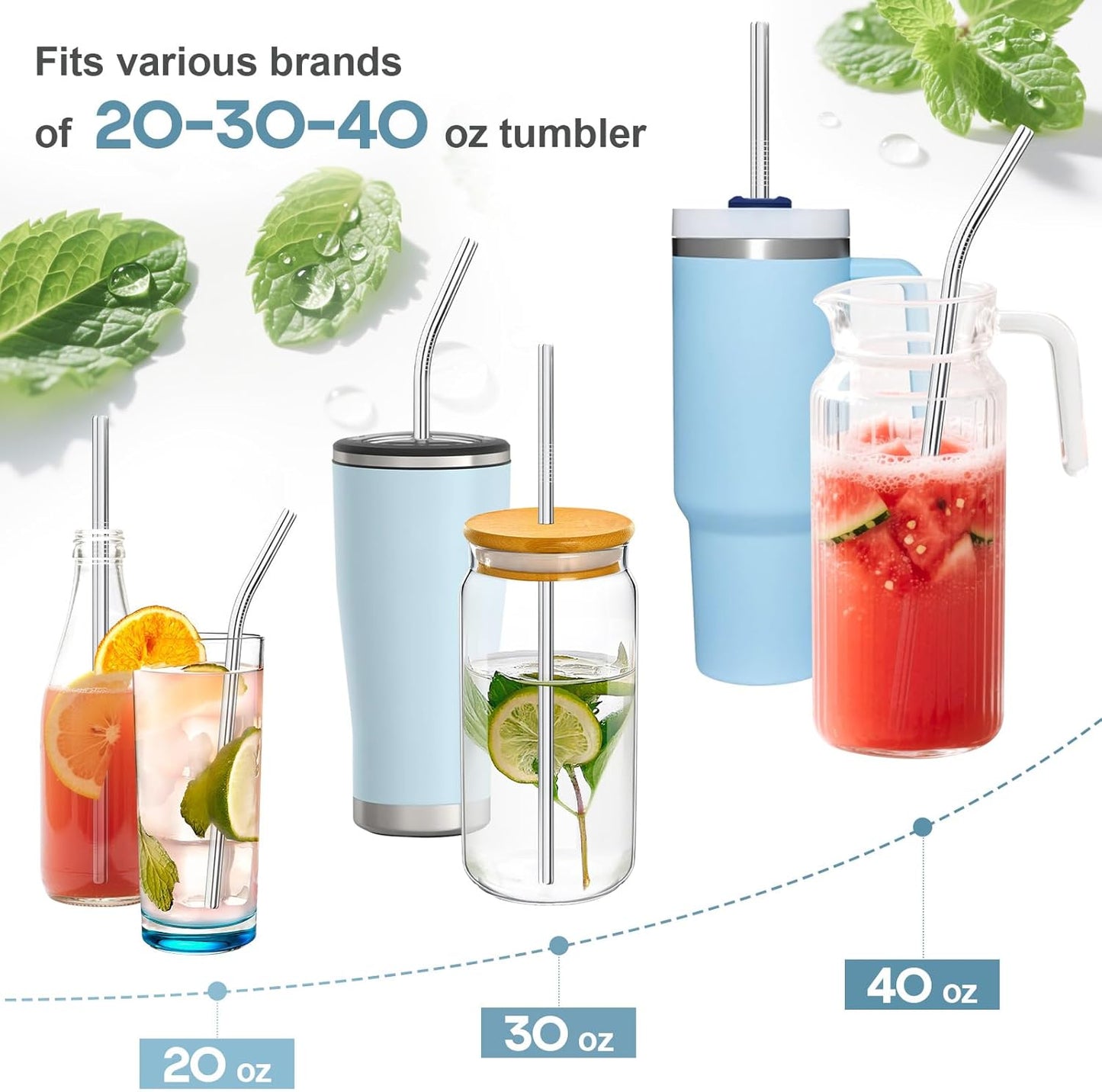 Set of 12 Reusable Stainless Steel Straws,0.31'' wide 3 Size - 12.2''10.5''8.5''Long Reusable Straw Chocolate Milk Straws with 2 Cleaning Brush for 10/20/30/40 oz