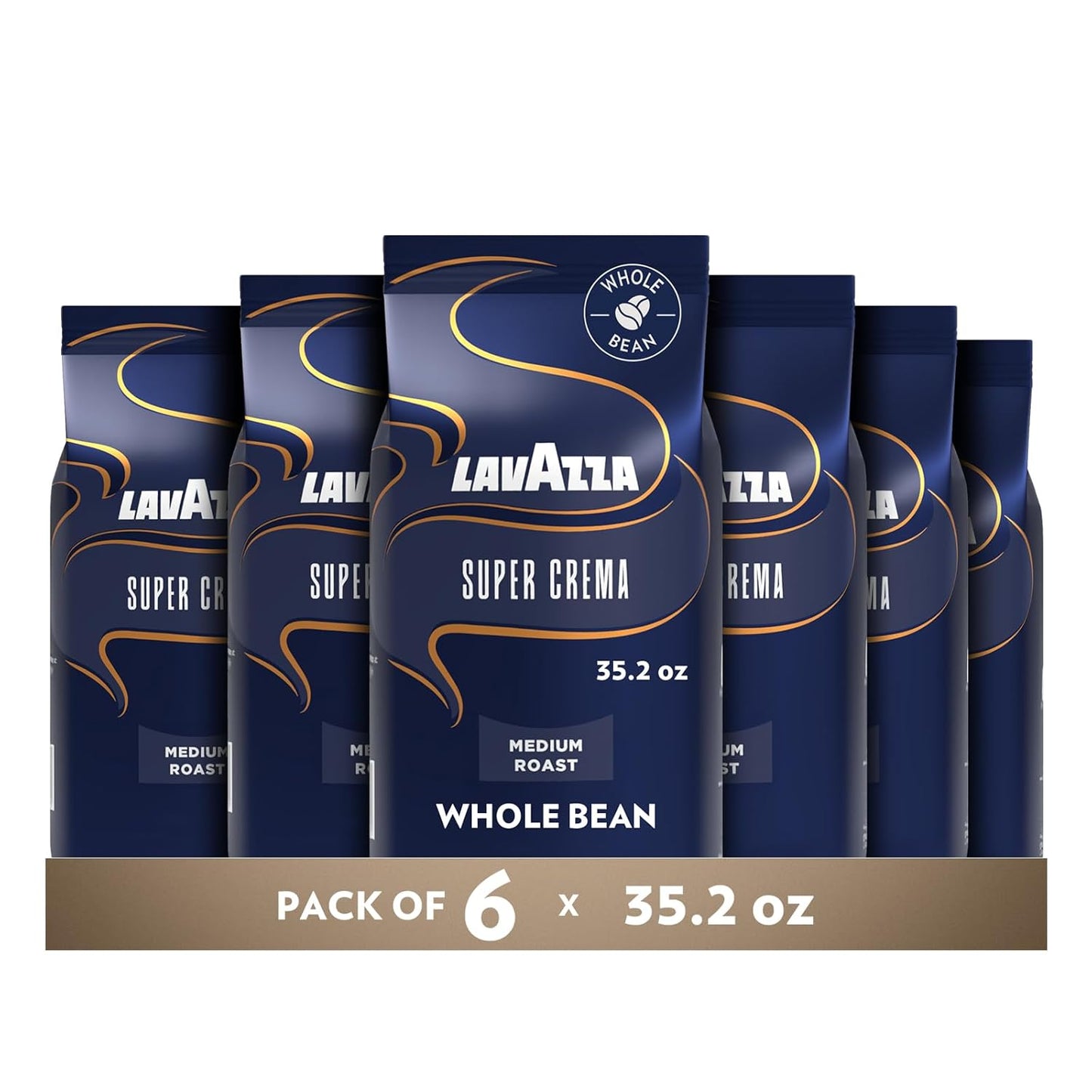 Lavazza Super Crema Whole Bean Coffee, Medium Espresso Roast, Arabica and Robusta Blend, 2.2 lb Bag, Package May Vary (Pack of 6)