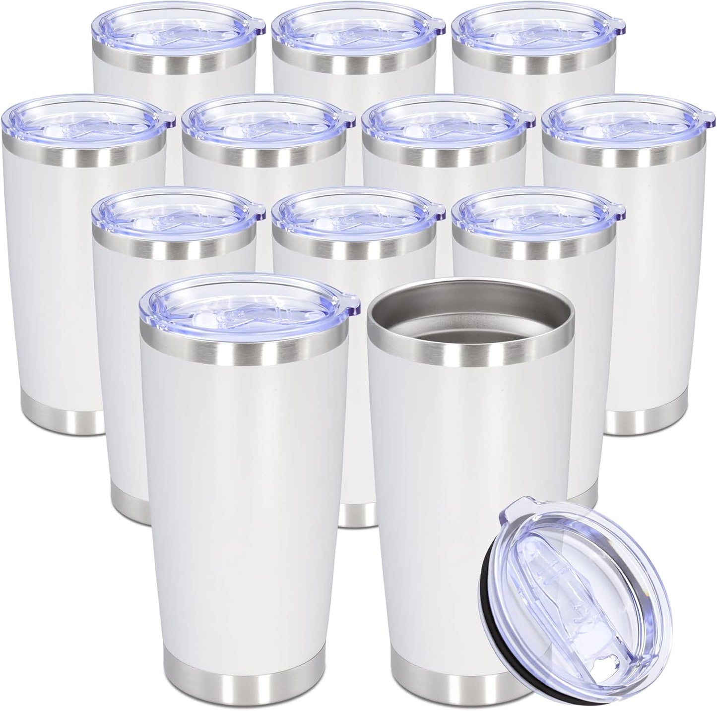 20oz Tumbler Bulk Stainless Steel Tumbler Cup with Lid Vacuum Insulated Double Wall Travel Mug, Durable Powder Coated Travel Coffee Tumbler Mug for Hot & Cold Drinks, White,12 Pack