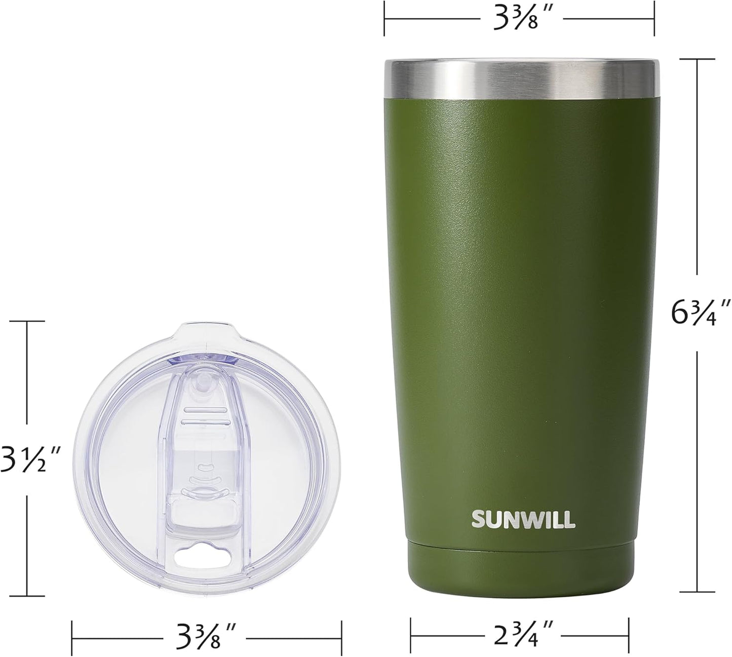 SUNWILL Travel Coffee Tumbler 20 oz, Insulated Mug with Lid, Stainless Steel Cup for Outdoor, Powder Coated Olive