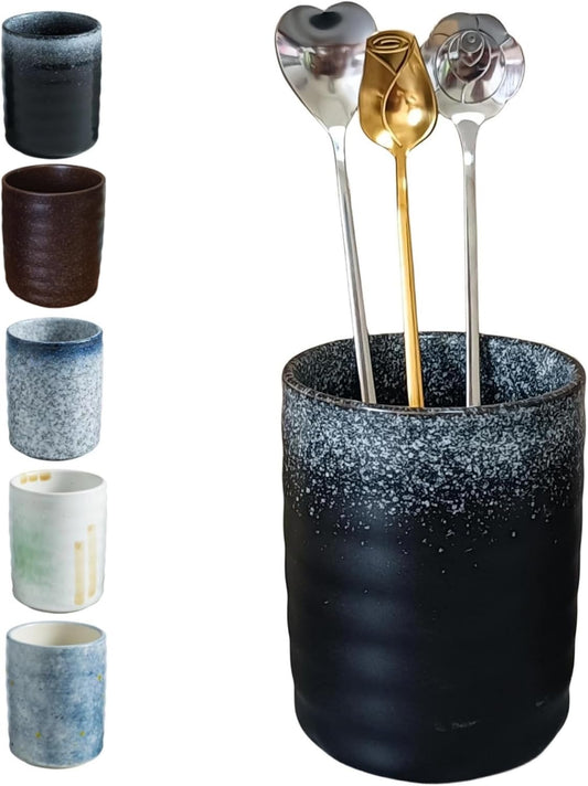 Stoneware Coffee Bar Utensil Holder Tea & Coffee Spoon & Stirrer Holder for Stir Stick Straw Teaspoon Holder Spoon Cup Small Utensil Jar (Snow night)