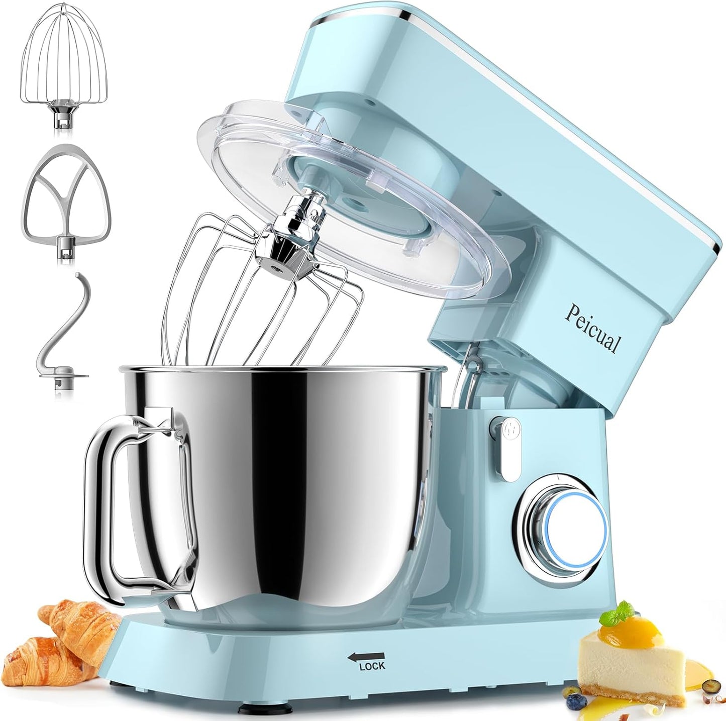 Stand Mixer, 6QT 10+P Speed Tilt-Head Kitchen Electric Mixer, Food Mixer with Stainless Steel Bowl, Dough Hook, Flat Beater, Wire Whisk, Splash Guard-Blue