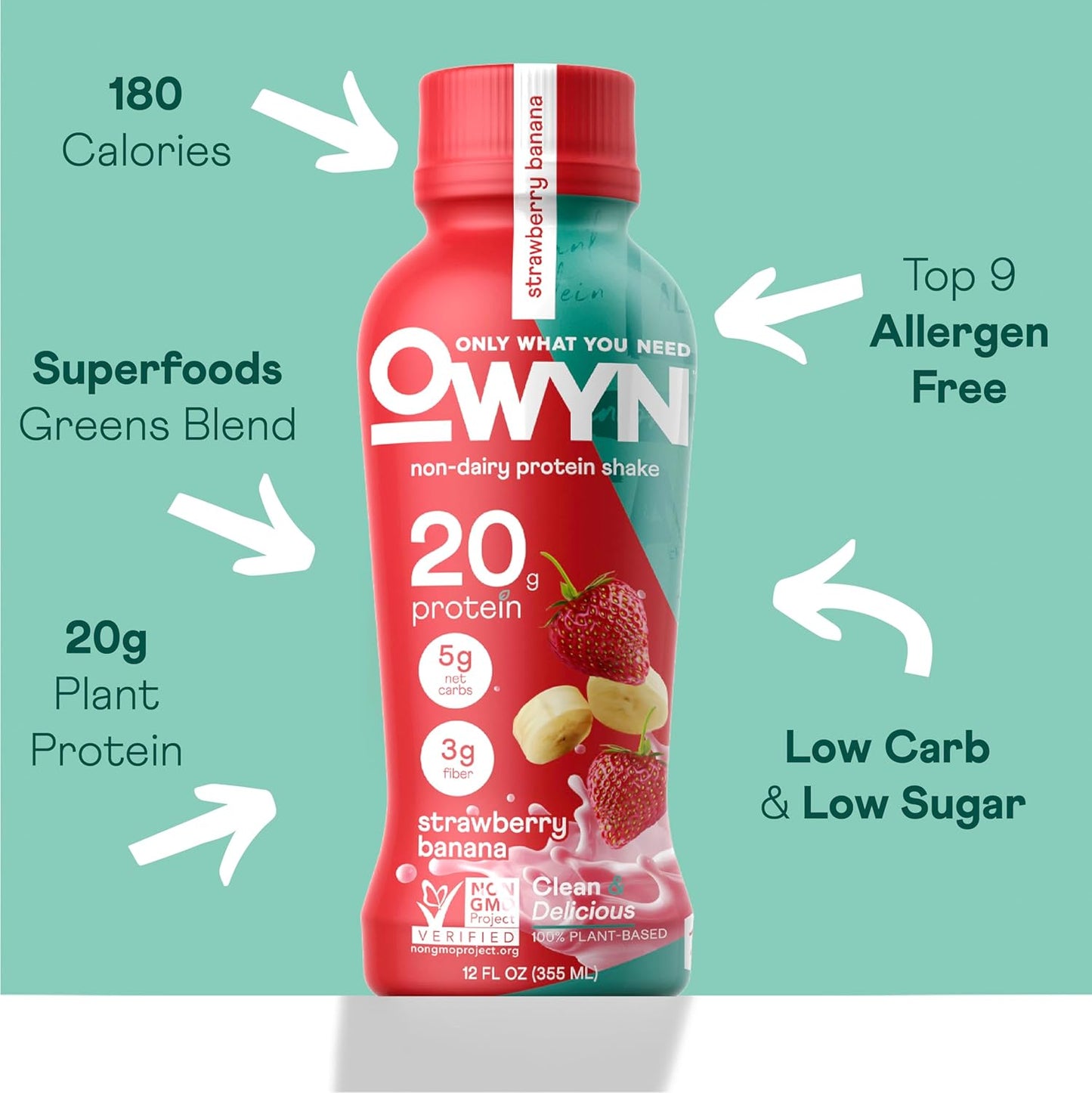 OWYN Only What You Need Vegan Protein Shake, Strawberry Banana,12 Fl Oz (Pack of 12), 100-Percent Plant Based, Dairy & Gluten Free, Soy & Tree Nut-Free, Egg-Free, Allergy-Free, Vegetarian, Kosher
