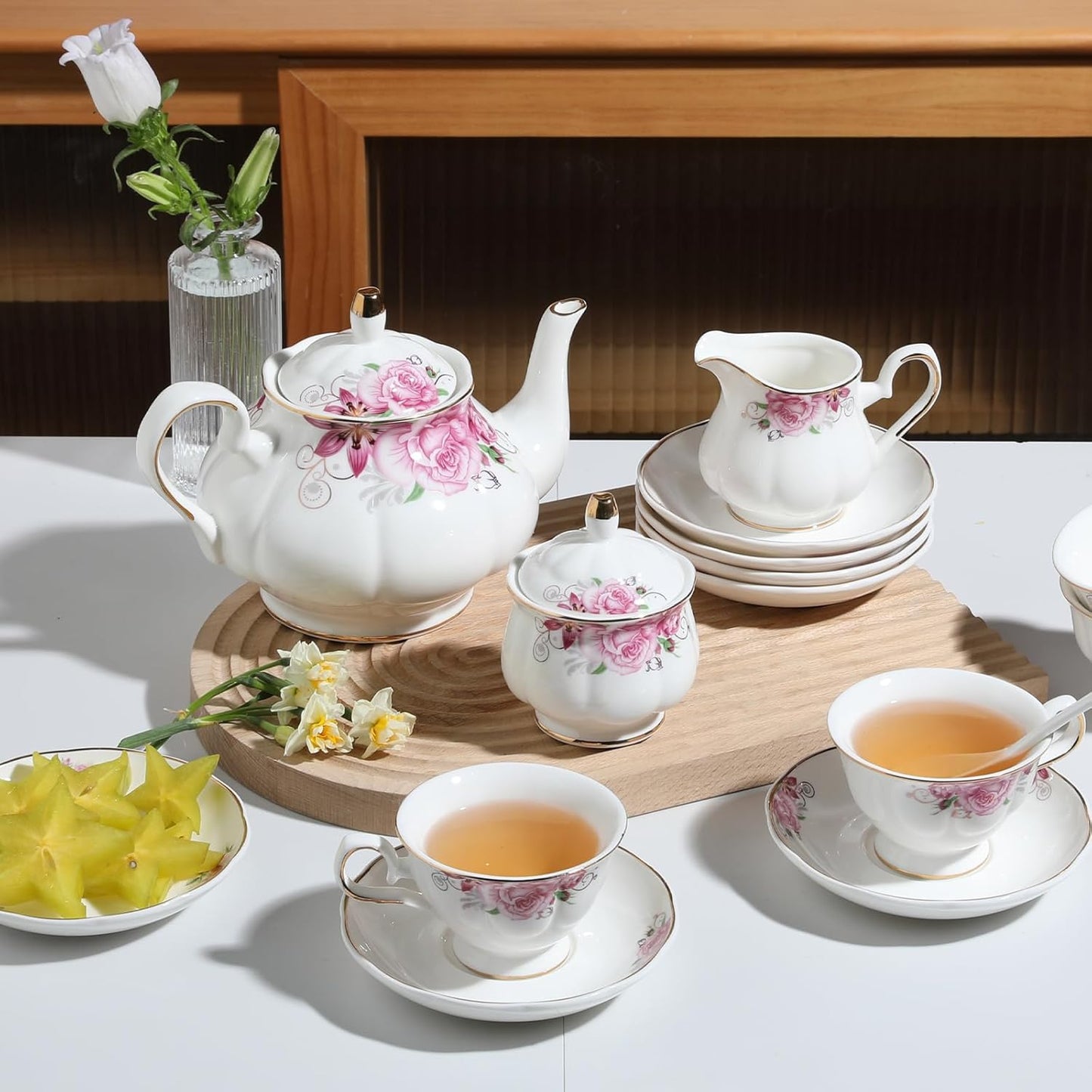 Sweejar Ceramic Teapot with Infuser, Floral Relief Gold Rimmed Teapot, 29 OZ Porcelain Tea Pot for Blooming and Loose Tea, Coffee...(Flower)