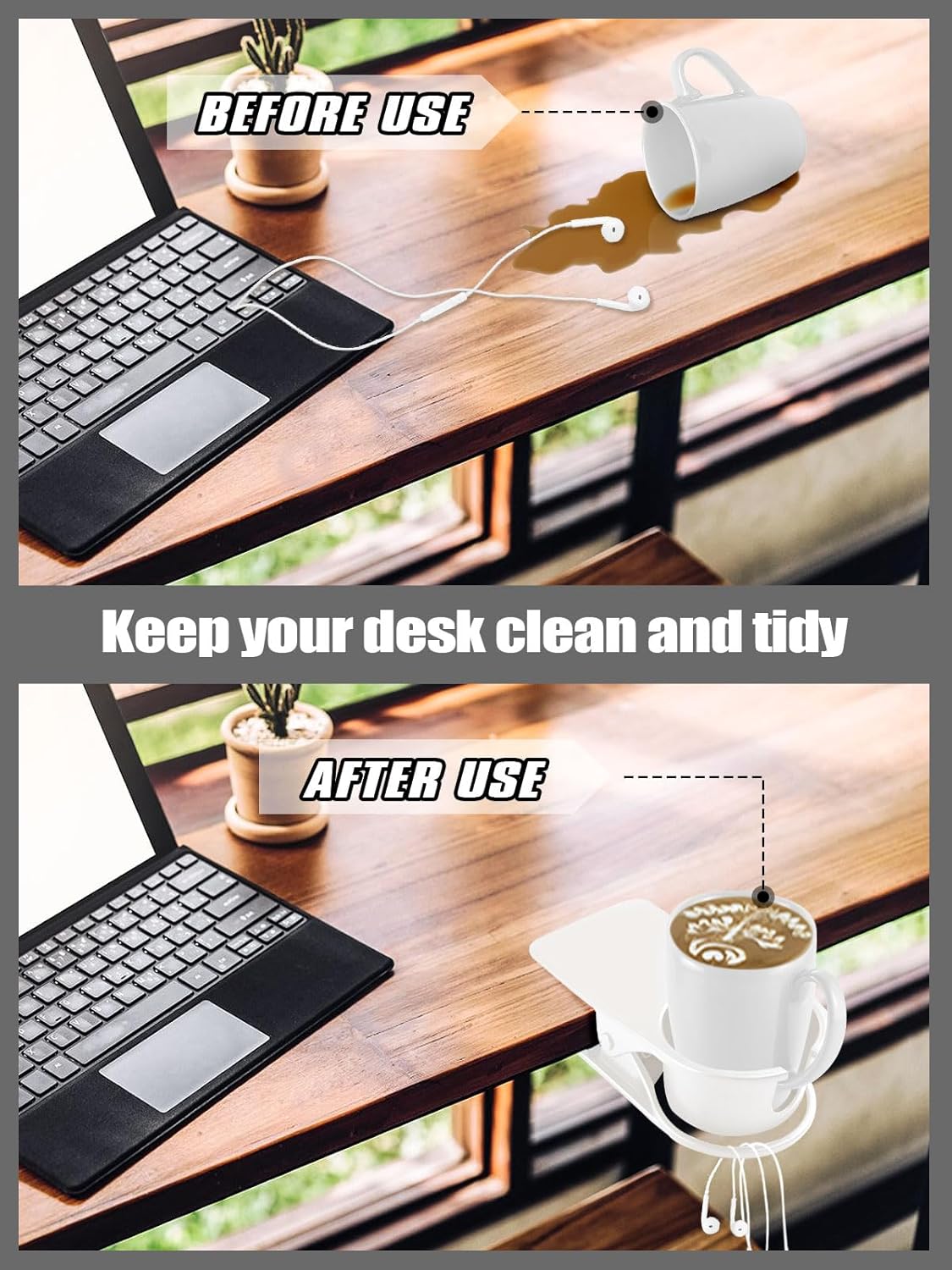 Kalolary 1PCS New Drinking Cup Holder Clip with Groove Table Bottle Cup Stand DIY Glass Cup Clamp Storage Saucer Clip Water Coffee Mug Holder Saucer Clip for Home Desk, White