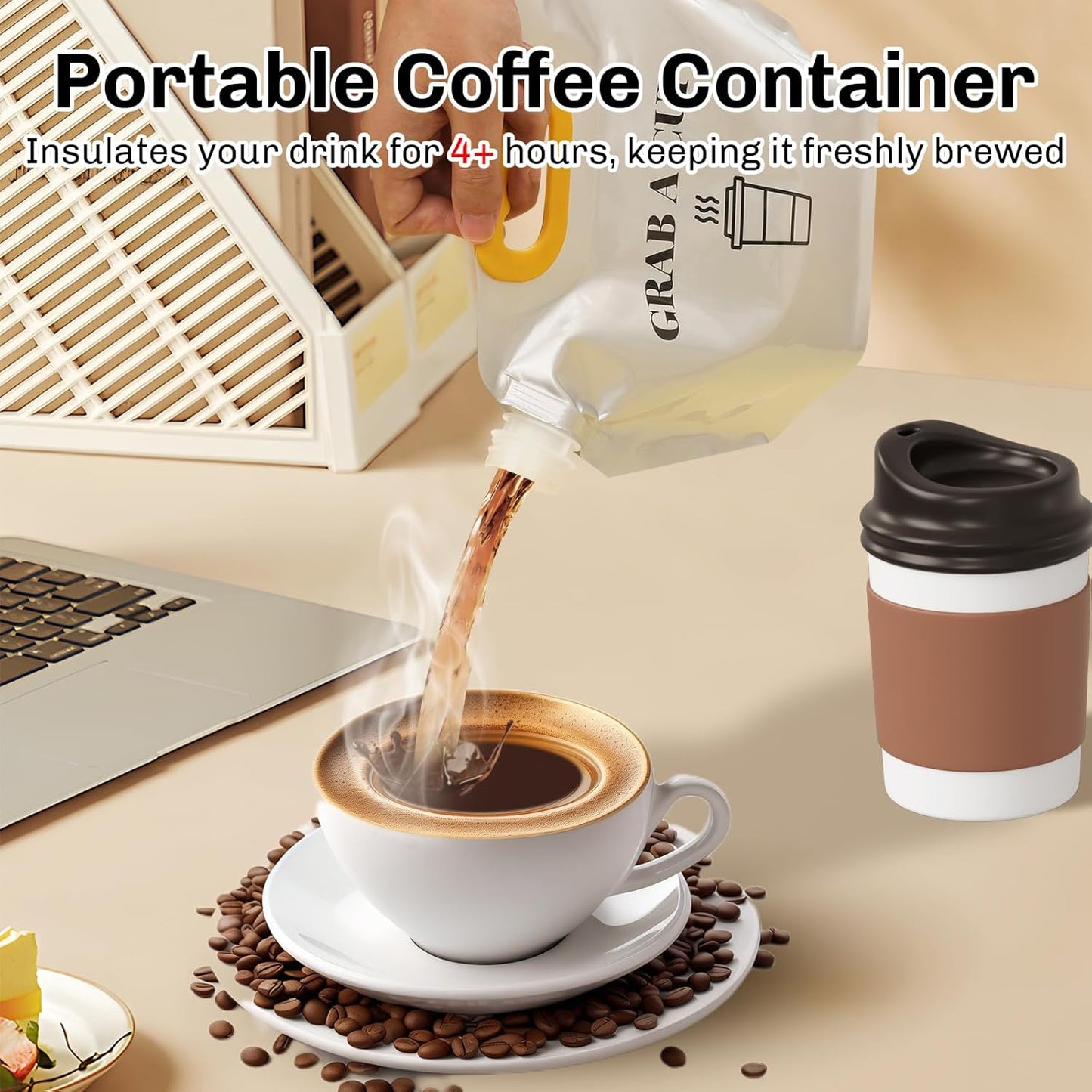 10 Pack Disposable Coffee Dispensers with Handle Coffee Box Cold Hot Beverage Dispenser COFFEE Carrier with Handle Take Out Camping Water Storage Containers Water Bag for Hiking (88oz) (Yellow)
