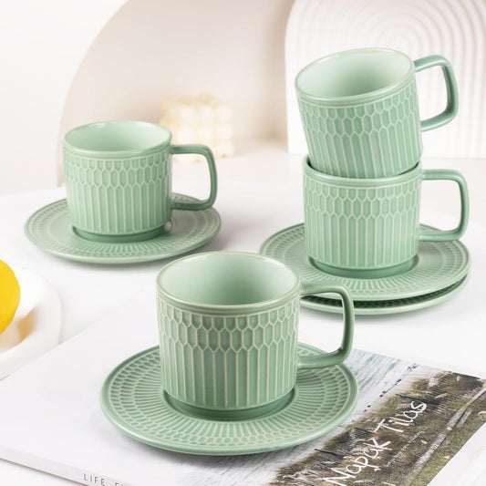 Large Cappuccino Cups with Saucers Set of 4, 8 Ounce Stackable Embossed Ceramic Coffee Mugs for Specialty Coffee Drinks, Latte, Cafe Mocha and Tea, Dishwasher & Microwave Safe (Green)
