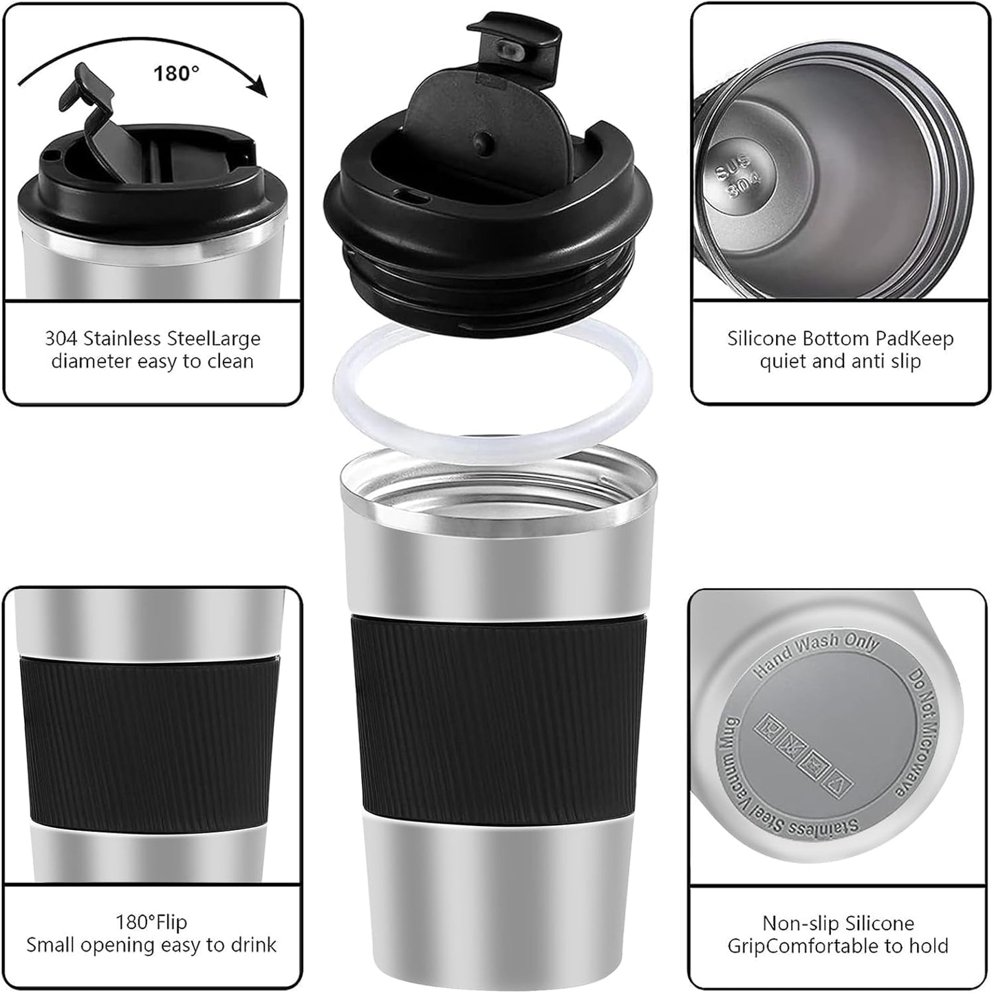 YINBAOGE Insulated Travel Coffee Mug Spill Proof Leak Proof Pobtable To Go Camping Stainless Steel Coffee Tumbler Reusable Coffee Cups with Lids Thermos for Hot and Cold Drink (Silver black, 17 OZ)