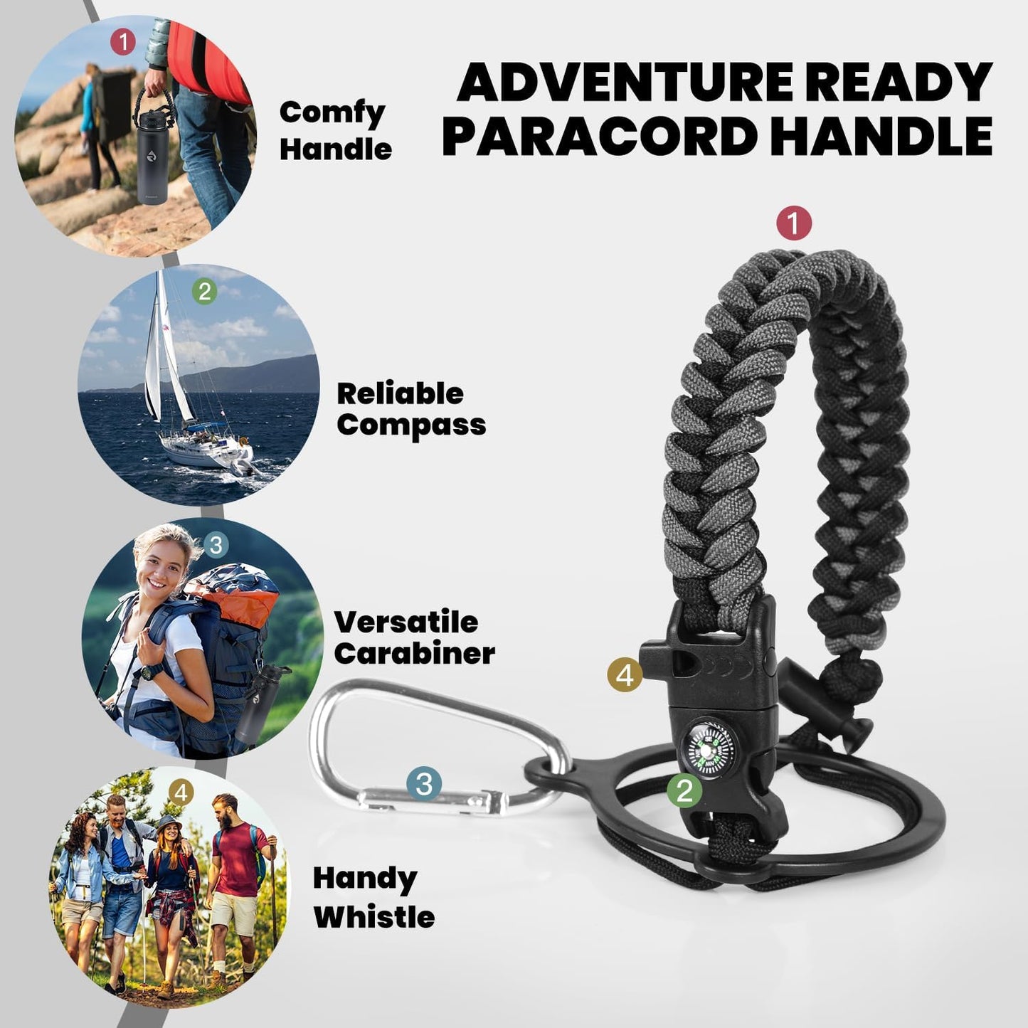 Insulated Water Bottle 40 oz, Triple Wall Vacuum Stainless Steel (Cold for 48 Hrs), Leak Proof & Non-BPA, Modern Water Flask Jug with Paracord Handle & Straw Spout Lids, Dark Grey