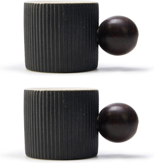 Ceramic Mini Espresso Cups Demitasse Cups with Round Wooden Handle Vertical Stripes Tea Cups (black, 2pcs)