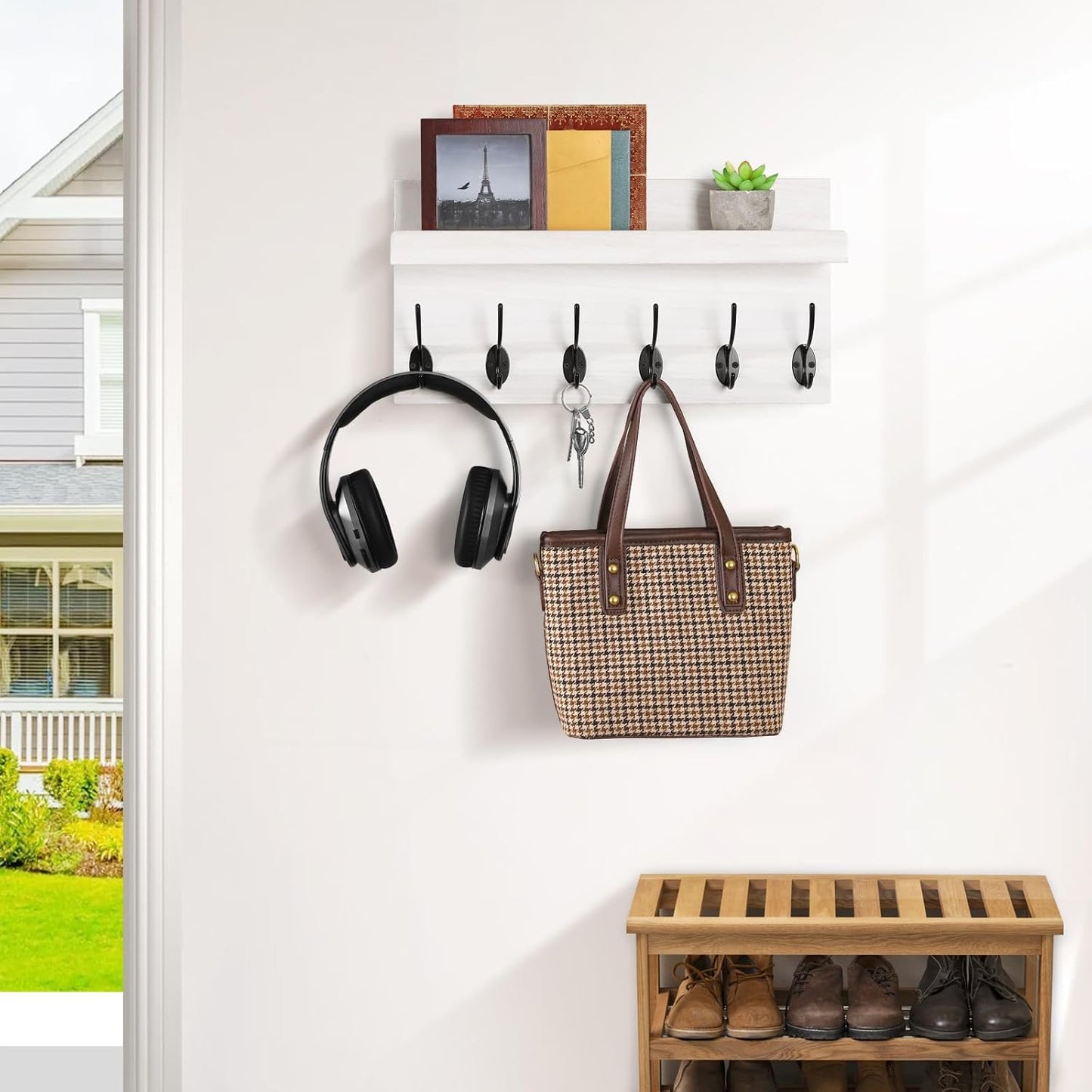 Shelf with Hooks, Coat Rack Wall Mount with 6 Double Metal Hooks, 17 Inch Farmhouse Wall Hooks with Shelf for Entryway, Bathroom, Kitchen, White