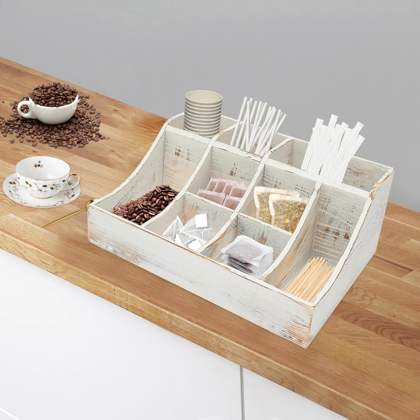 Coffee Bar Organizer for Countertop, Wooden Condiment Organizer Coffee Station Organizer Coffee Cup Syrup Pod Holder, Coffee Bar Organizer for Home Office Cafe, 9 Compartment, White