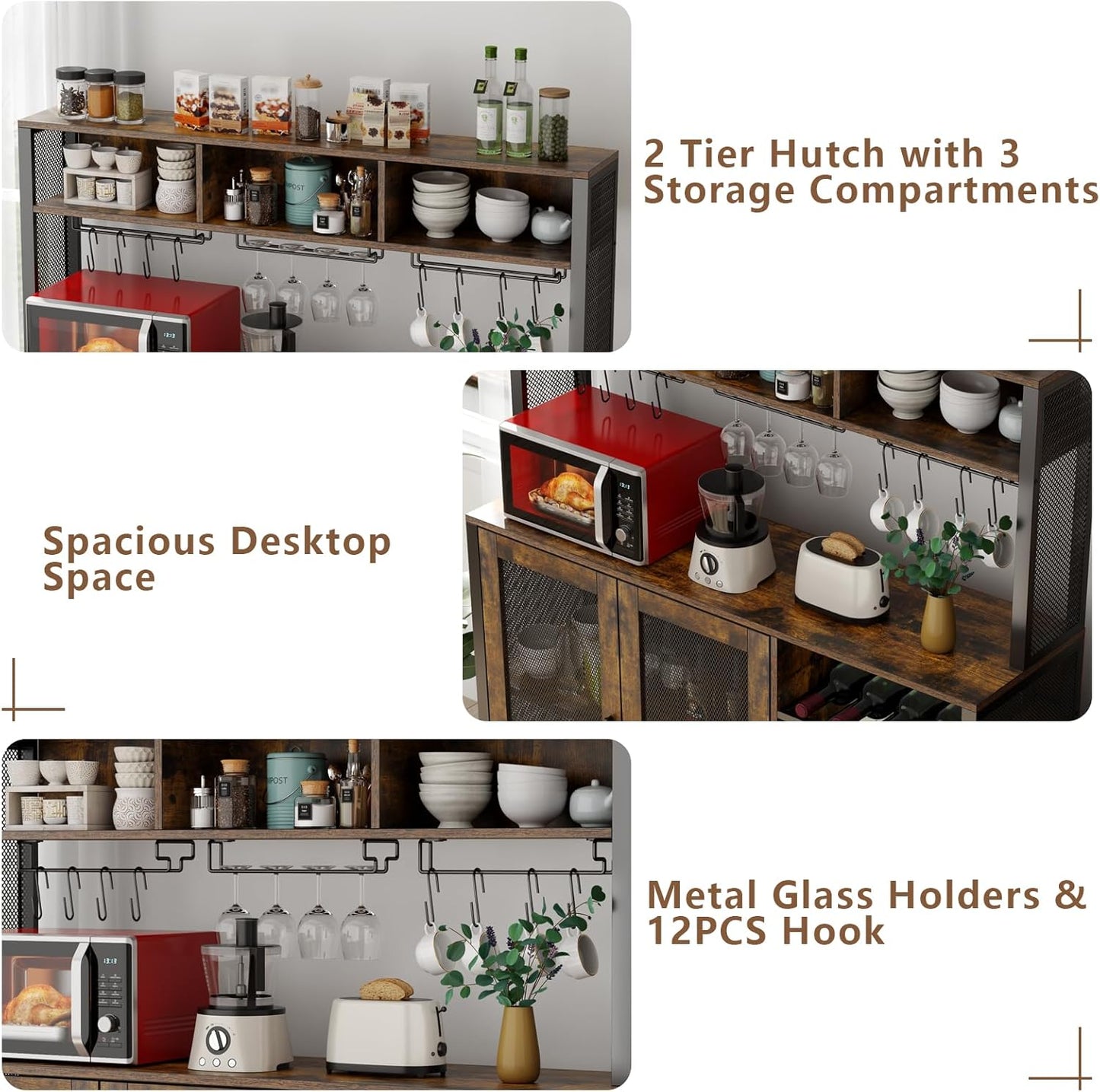 Loomie Wine Bar Cabinet with LED Lights, Industrial Coffee Bar with 3 Storage Compartments & Wine Rack &Glass Holder,Sideboard Buffet for Liquor and Glasses,Liquor Cabinet,Rustic Brown