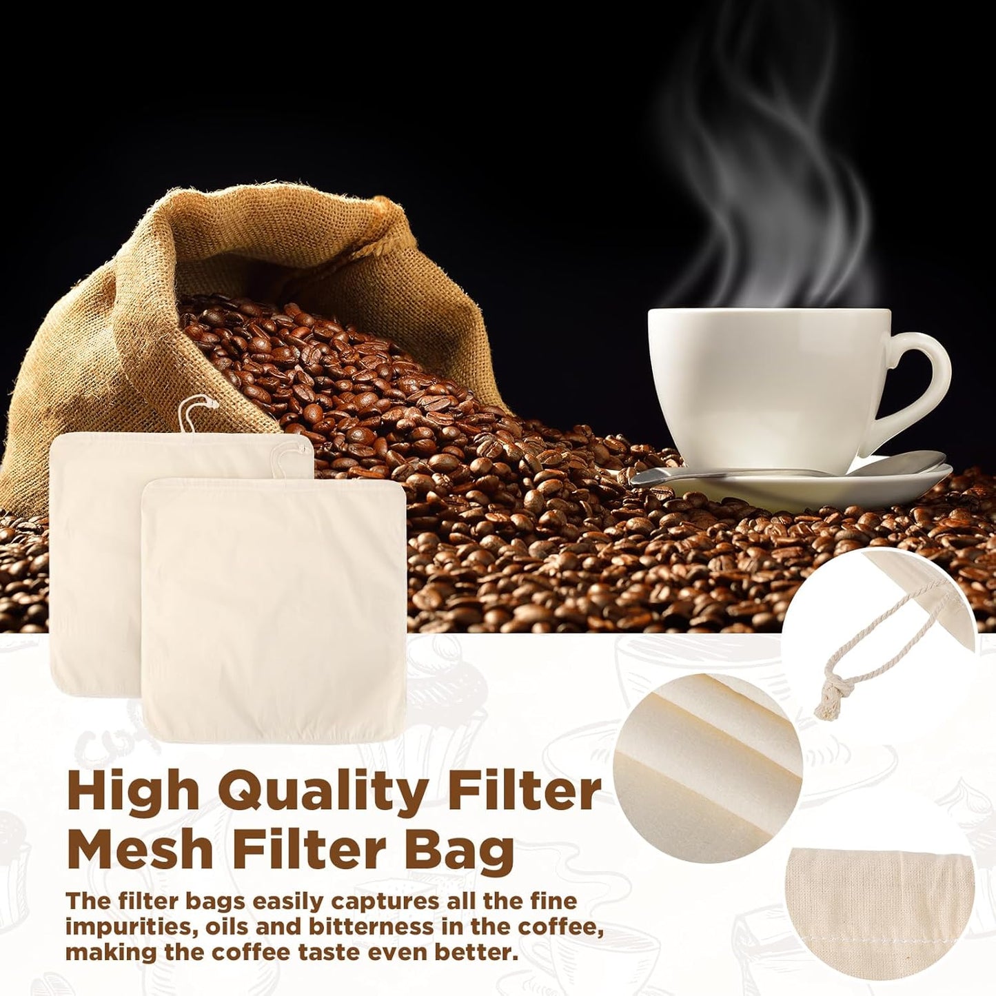 Tioncy 2 Pcs 20 x 20 Inch Large Reusable Cold Brew Coffee Bag Reusable Organic Cotton Cold Brew Filter Bags Washable Coffee Filter Pouch with Easy Open Drawstring Pitchers 5 Gallon Systems up to 5 LBS