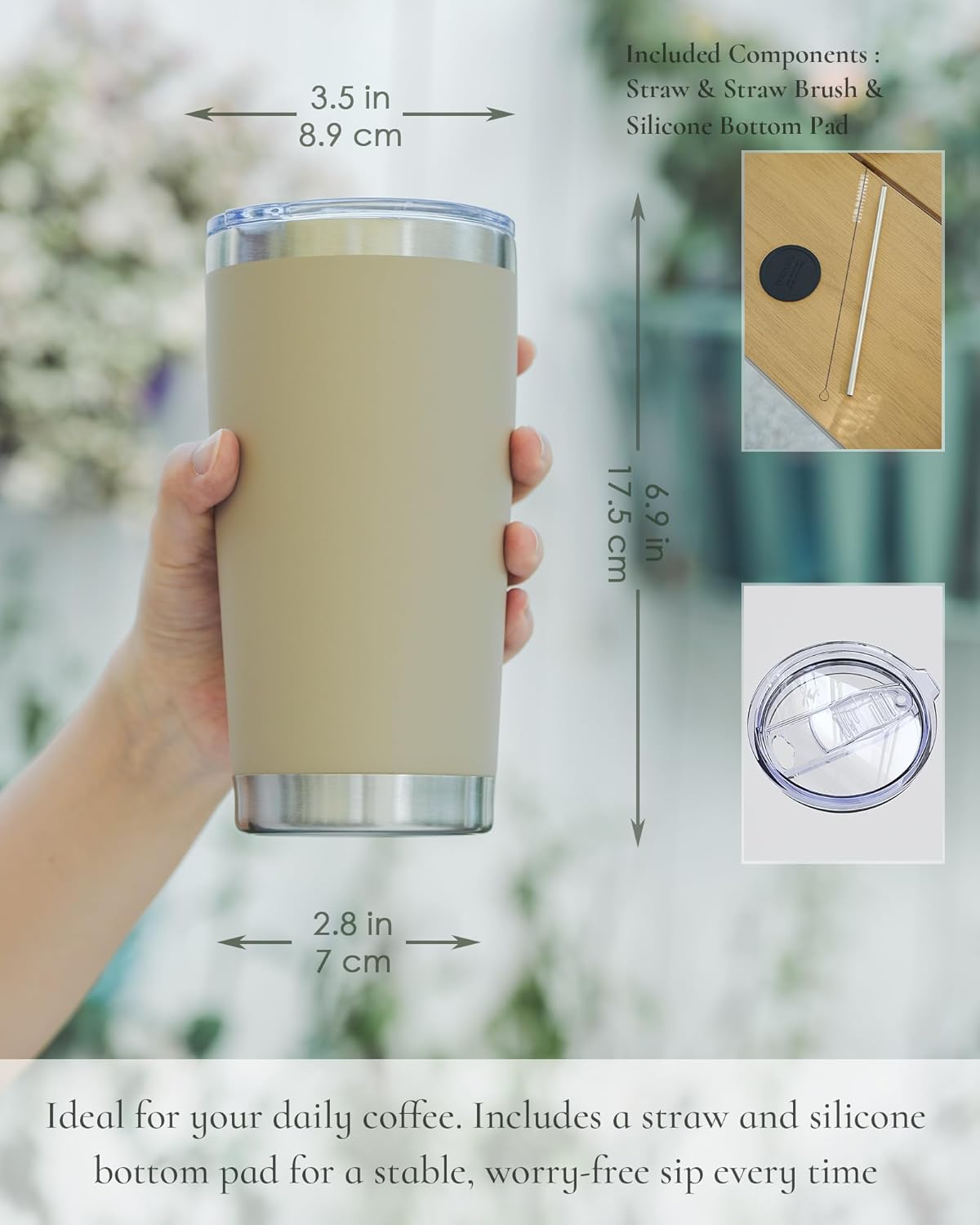 Travel Coffee Tumbler 20oz, 1 Pack Leakproof Travel Coffee Mug with Lid and Straw, Stainless Steel Double Wall Vacuum Insulated Tumbler for Hot/Iced Drinks (Textured Matte, Brown)