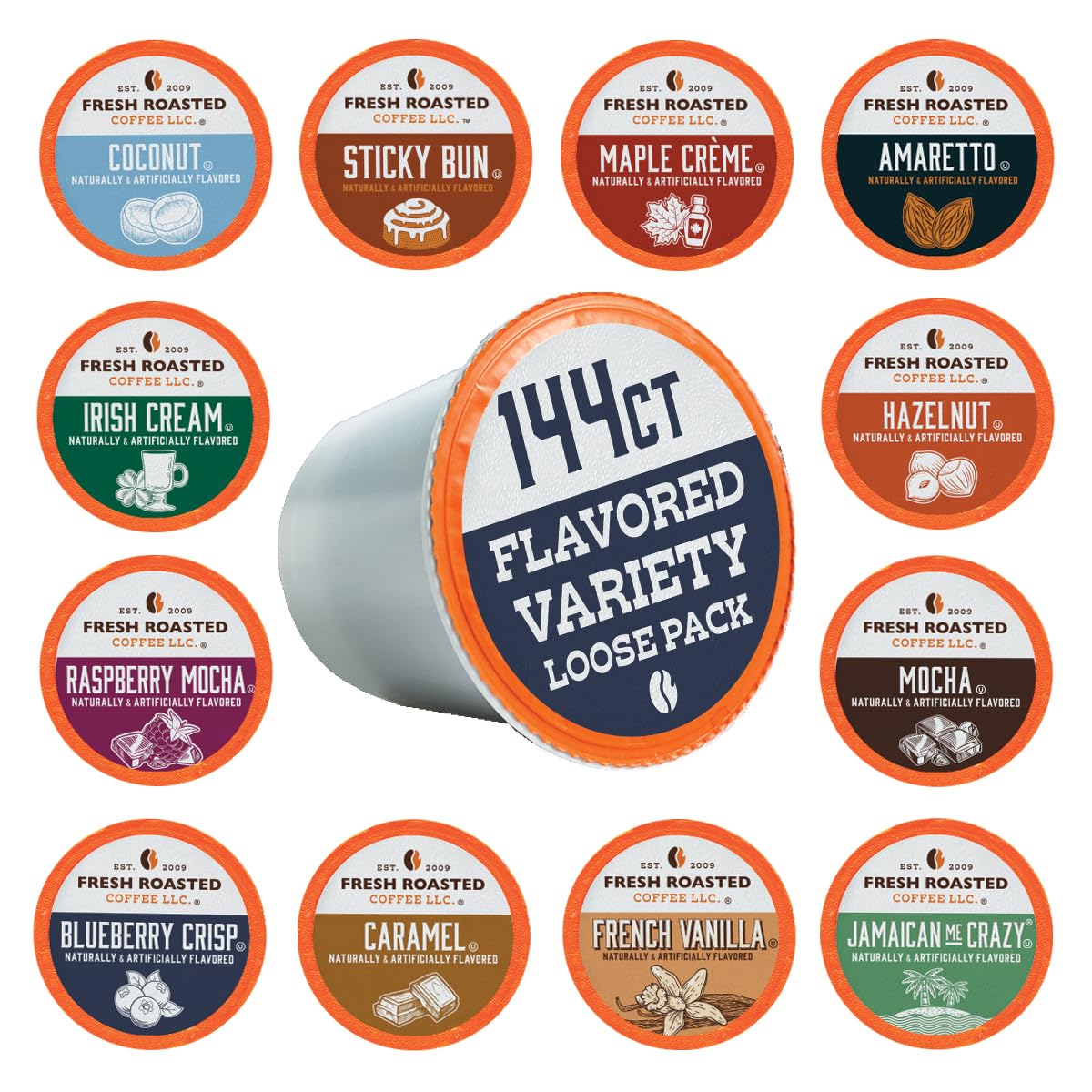 Fresh Roasted Coffee, Dynamite Dozen Flavored Variety Pack, K-Cup Compatible, 144 Count