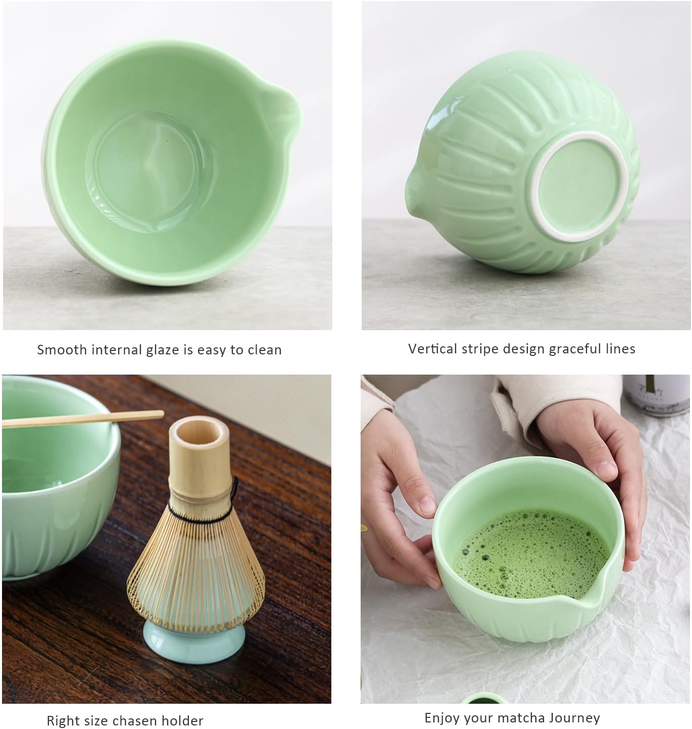TANG PIN Matcha Set - Match Bowl with Spout and Whisk, 15 OZ, Matcha Scoop | Matcha Whisk Stand (Chasen Holder) - 4pc Perfect Matcha Kit for Matcha Tea Ceremony (Green)