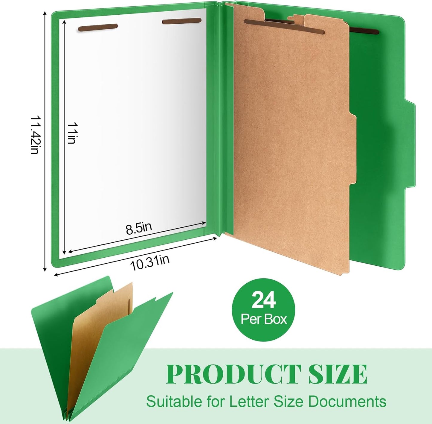 24 Pcs Classification Folders Letter Size, Back to School Supply for Teacher, Student, 1 Divider Pressboard File Folder Bulk with 2 Fasteners, 3.5 Inch Expanding File Organizer (Green)