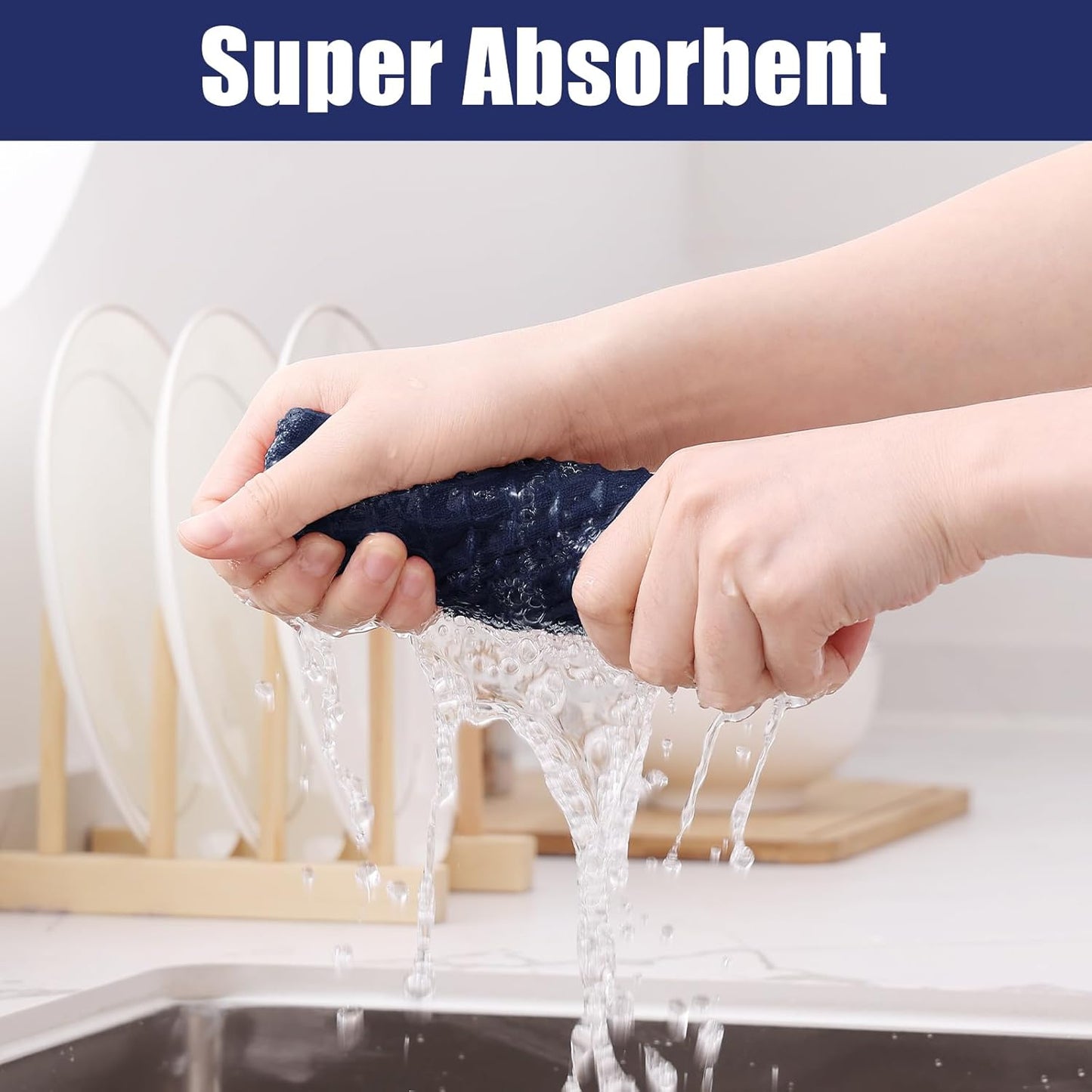 Homaxy Microfiber Waffle Weave Kitchen Dish Cloths, 12 x 12 Inch Ultra Absorbent and Solid Color Dish Towels for Kitchen Fast Drying Dishcloth for Washing Dishes, 6 Pack, Navy Blue