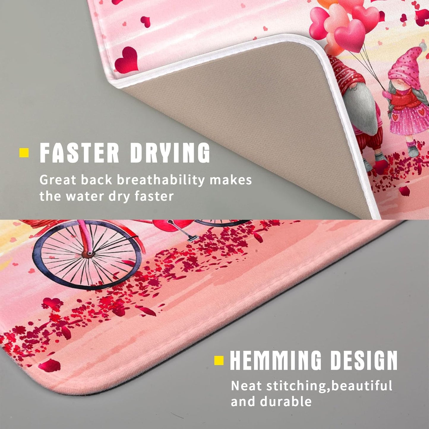 Pink Heart Valentine's Day Gnomes Dish Drying Mat for Kitchen Counter,Pink Bicycle Love Tree Drying Mat 16 x 18 Inch with Absorbent Reversible Microfiber Dish Drying Pad Dish Rack Pad for Coffee Bar