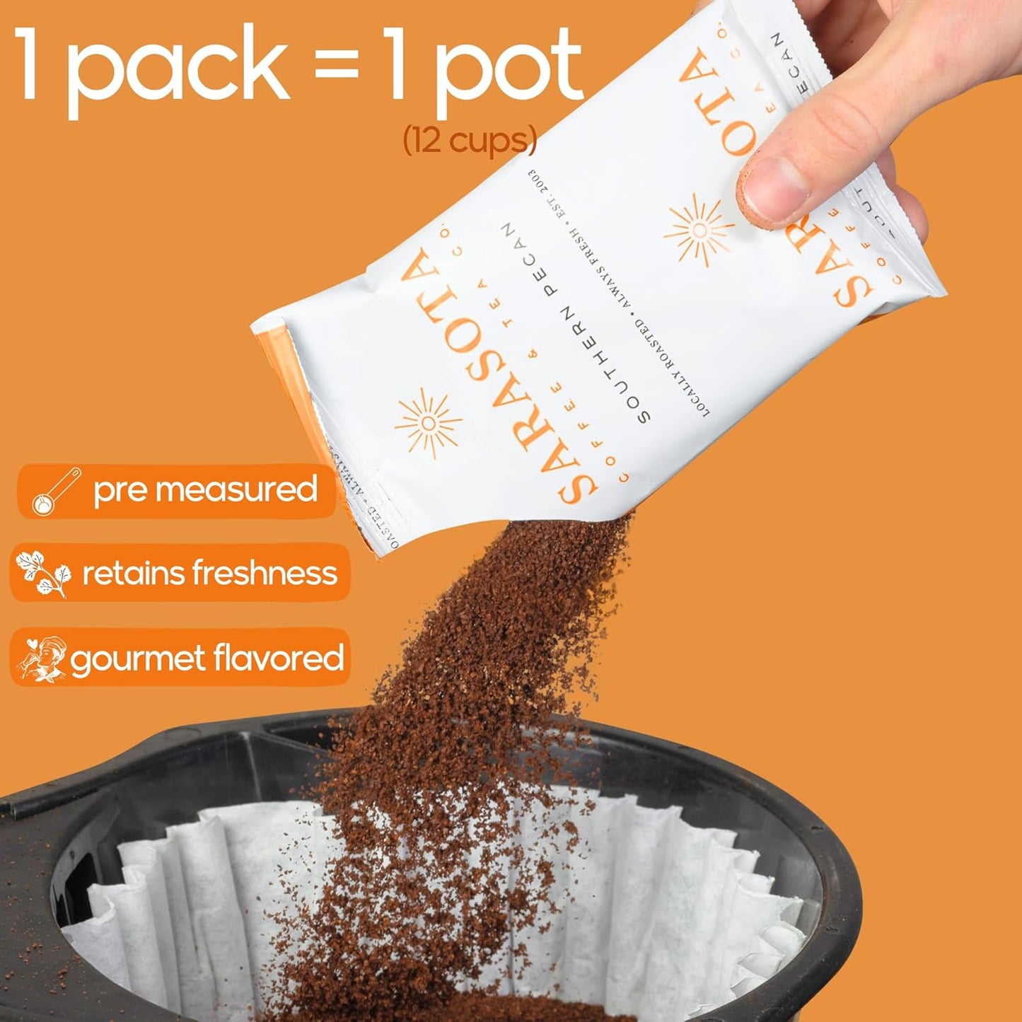 Sarasota Coffee Ground Packets | Gourmet Flavored Medium Roast Grounds Packs | Southern Texas Butter Pecan | Low Acid Mold Free Bulk Individual Pouches for 12 Cup Coffee Maker | 2 oz Bags, 12 Count