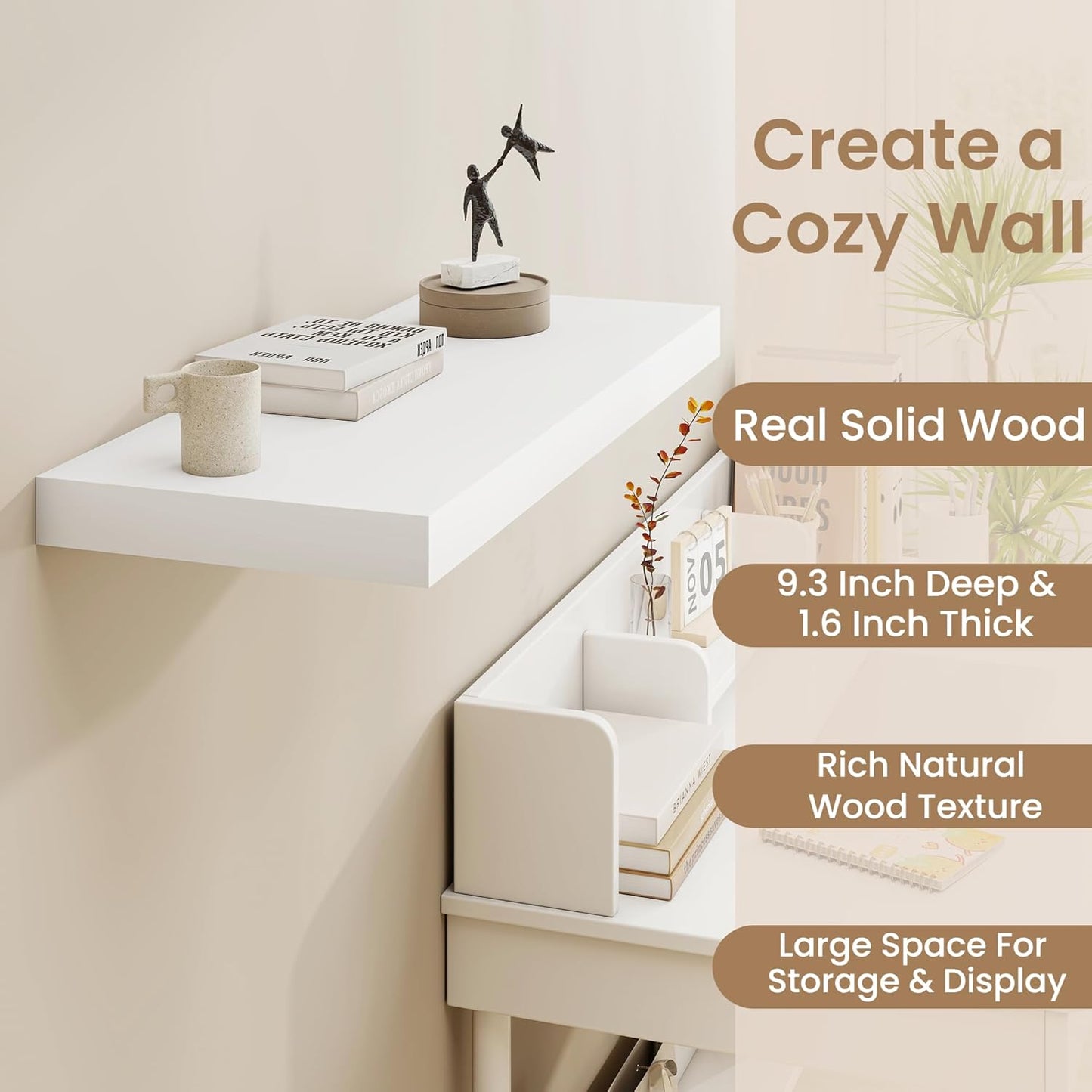 9.3 Inch Deep Floating Shelves, White Solid Wood Floating Shelf Wall Mounted, 36 x 9 Large Display & Storage Shelves for Books, Living Room, Bathroom, Rustic Wooden Wall Shelves, Heavy-Duty, Set of 2