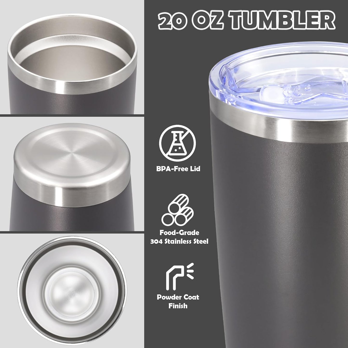 20oz Tumbler Stainless Steel Tumbler Cup with Lid Vacuum Insulated Double Wall Travel Mug, Durable Powder Coated Travel Coffee Tumbler Mug for Hot & Cold Drinks, Grey,1 Pack