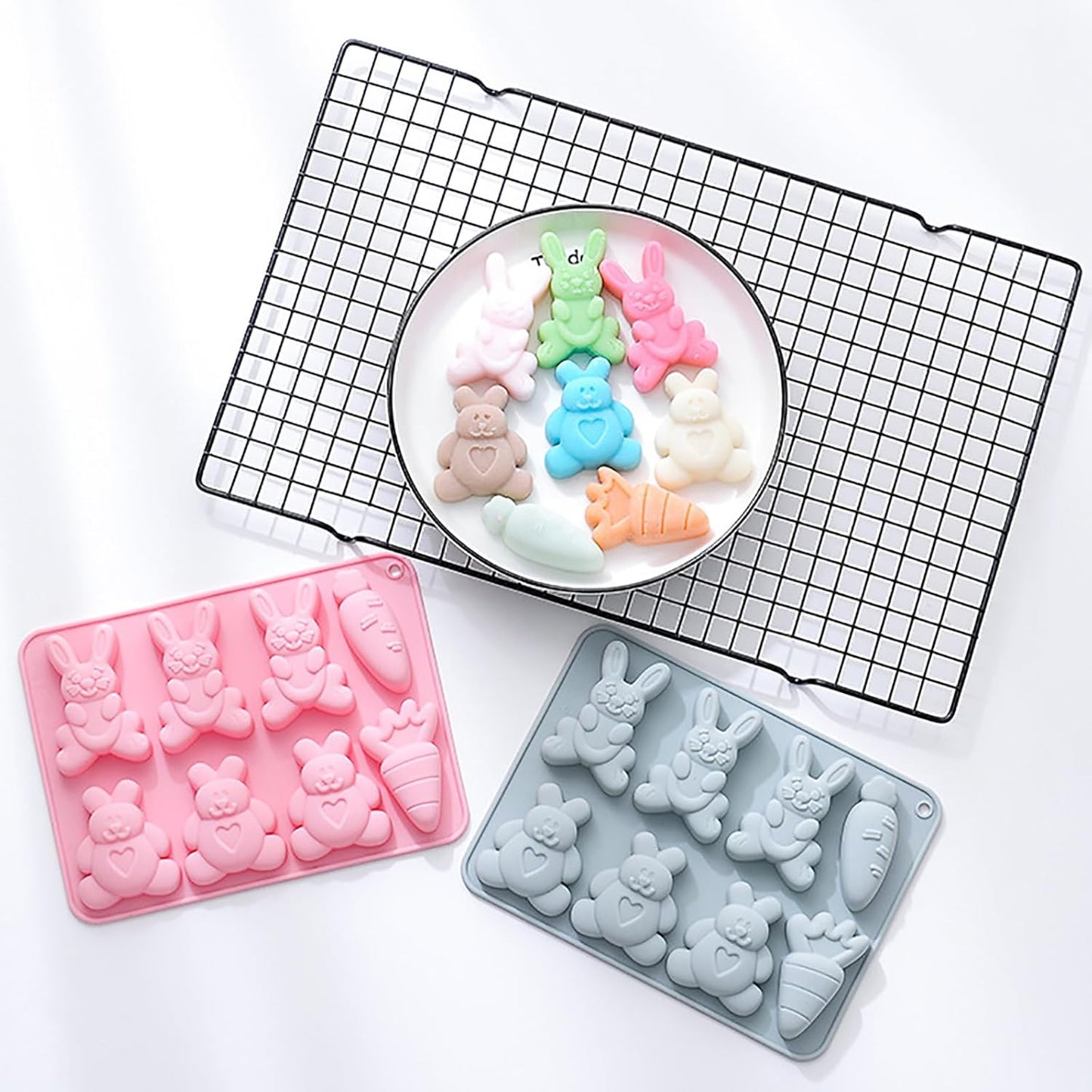 2 Pcs Easter Silicone Molds, 8- Cavity Non-Stick Bunny Carrot Baking Molds, Chocolate Cake Molds, for Making Candy, Soap, Ice Cube, Pudding, Jelly, Soap, Cake Topper Decoration