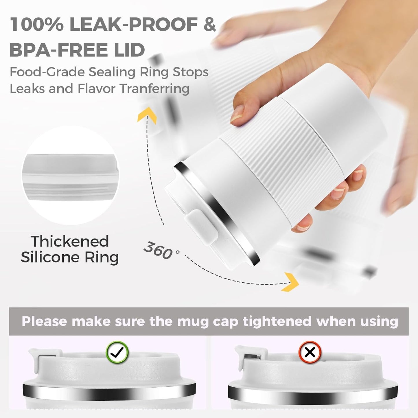 Volhoply 13 oz Stainless Steel Insulated Travel Coffee Mug with Fip Lid Bulk 8 Pack,Reusable Double Wall Vacuum Metal Coffee Cup,Portable Leak Proof Thermal Tumbler for Hot & Cold Drinks(White,8)