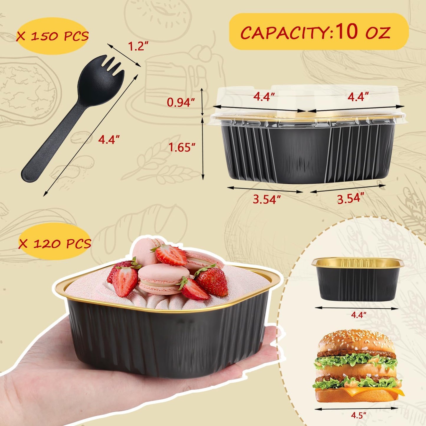 LNYZQUS 120pack/10oz Mini Cake Pans with Lids, Small Foil Baking Tins Brownie Baking Cups,4”x4” Disposable Ramekins Jumbo Cupcake Muffin Pan Mini Aluminum Containers Holders-Black