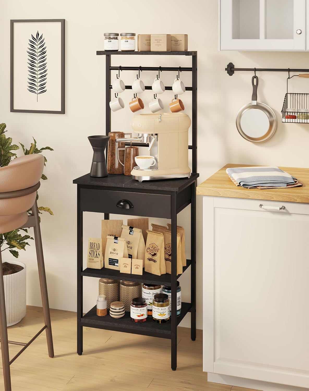 YMYNY 5 Tier Coffee Bar Station, Coffee Stand with Fabric Drawers, 8 S-Shaped Hooks, Corner Bar Cabinet, Height Adjustable, Bakers Rack for Kitchen, Living Room, Black, HBR009B