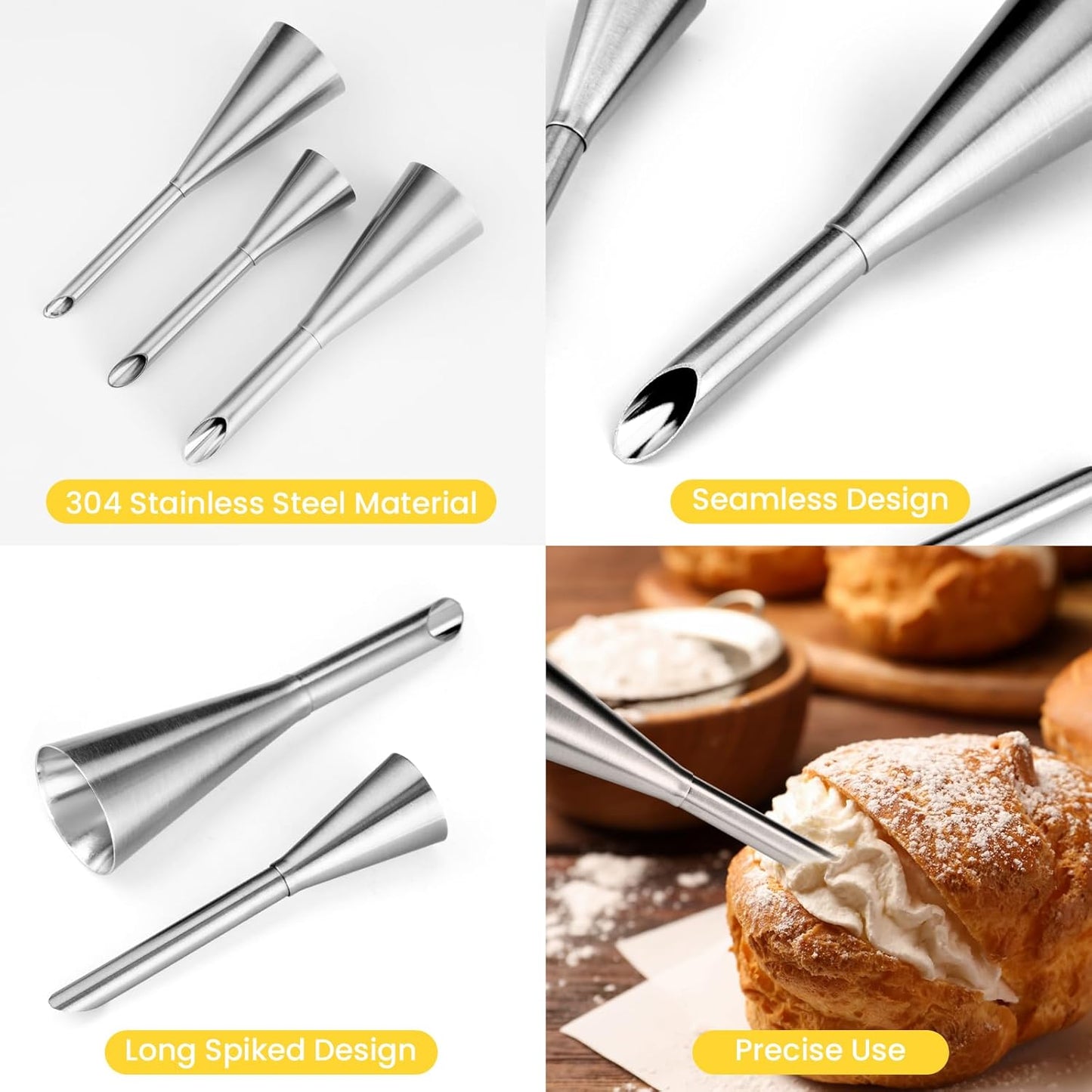 3Pcs Cream Icing Piping Nozzle Tips,Stainless Steel Long Puff Nozzle Tip With 10Pcs Disposable Piping Bags,Puff Pastry Filling Cake Decorating Tools