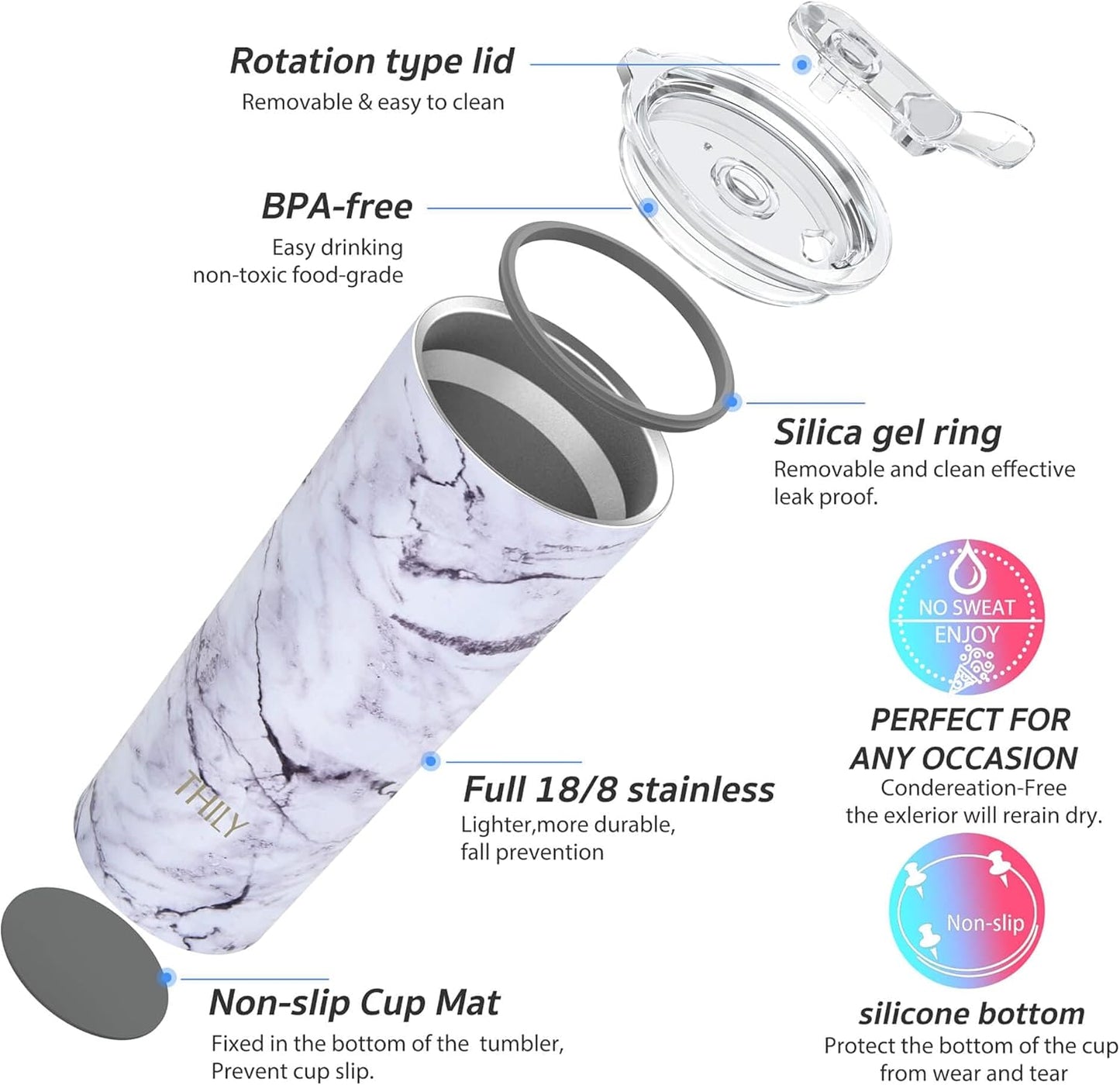 THILY Stainless Steel Vacuum Insulated Tumbler 26 oz Triple-Insulated Travel Mug with Splash-Proof Lid, for Iced Coffee and Hot Beverage, White Marble + Black Marble