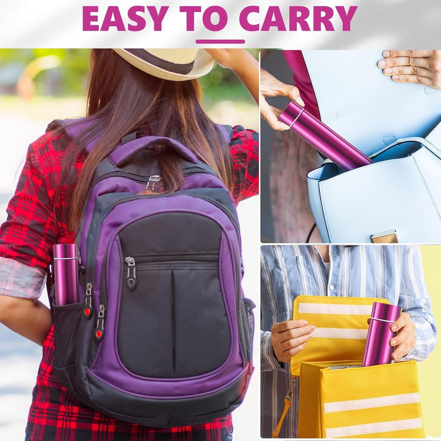 Vesici 1 Pack Slim Water Bottle 8.8 oz Small Stainless Steel Purse Compact Insulated Water Bottles Camping Travel Backpack Pocket Flask for Car Cold Coffee Tea (Hot Pink)