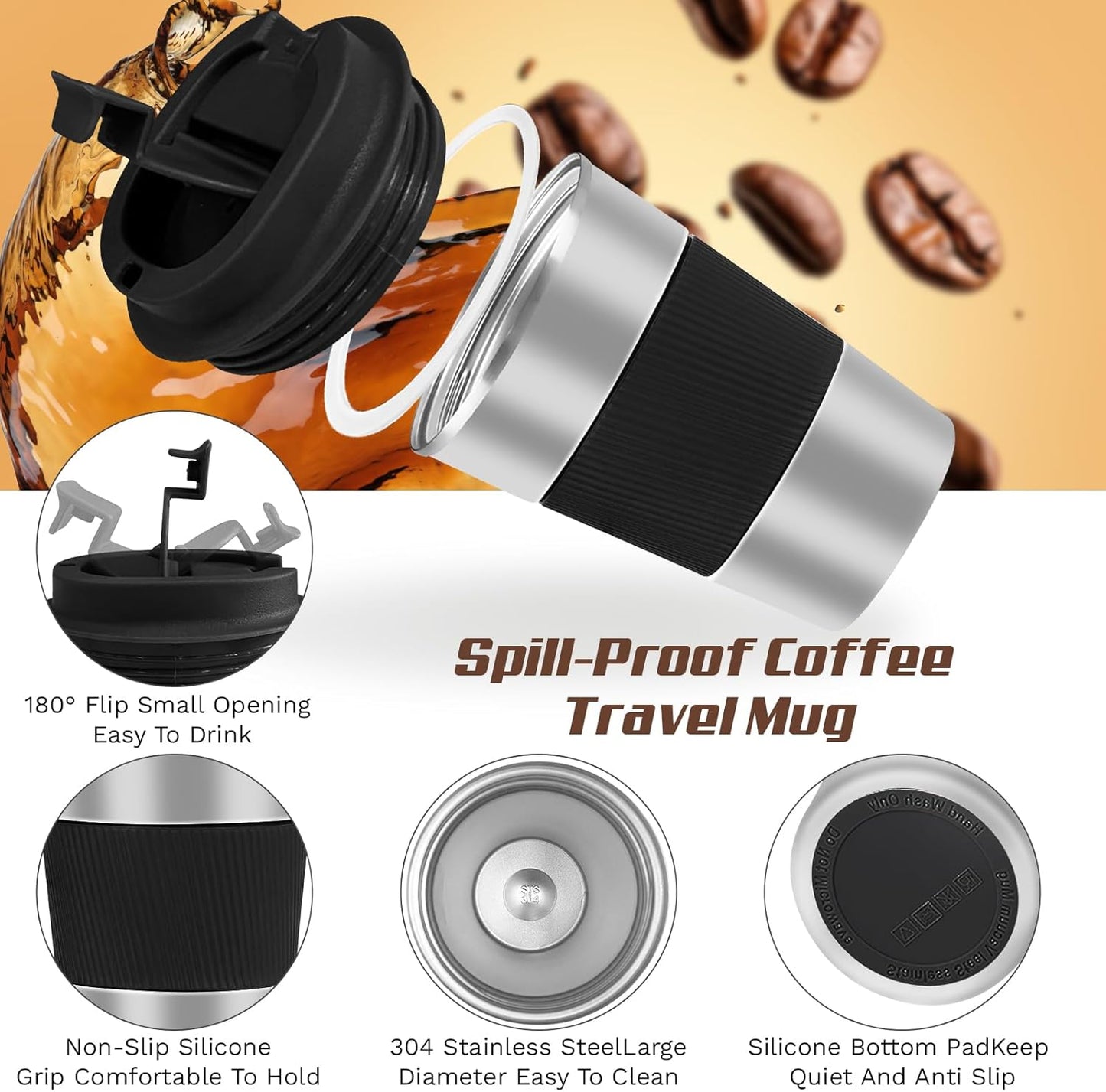 Vacuum-Insulated Stainless Steel Travel Coffee Mug, Leak-Proof Reusable Coffee Cup with Lid - Keep Hot & Cold Drinks for Hours, Durable Thermos Tumbler for Men & Women (3rd-Silver black, 17OZ)