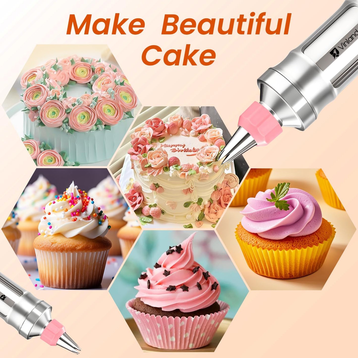 Dessert Decorating Syringe Set Icing Piping Kit Frosting Piping Kit Stainless Steels Cake Decorating Kit with 10 food grade stainless steel piping tips & 50 Disposable Piping Bags, Pink