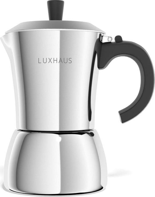LuxHaus Moka Pot - 9 Cup Stovetop Espresso Maker - 100% Stainless Steel Italian and Cuban Mocha Coffee Maker