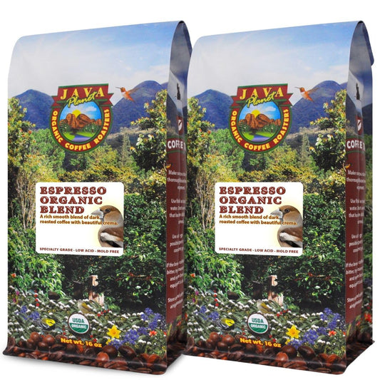 Low Acid Organic Coffee – Whole Bean, Mold-Free & Stomach Friendly by Java Planet, Espresso Blend Coffee, Dark Roast, Smooth Full Flavored, 2x1LB Bag