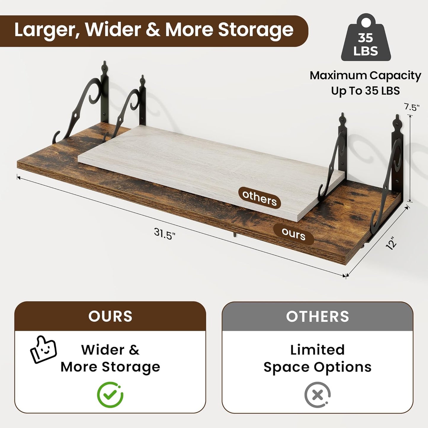 RICHFOCUS 12 Inch Deep Floating Shelves for Wall, 31.5" W x 12" D Wood Wall Shelves Set of 2, Wide Floating Shelves for Living Room, Bedroom, Kitchen, Bathroom and Storage, Rustic Brown