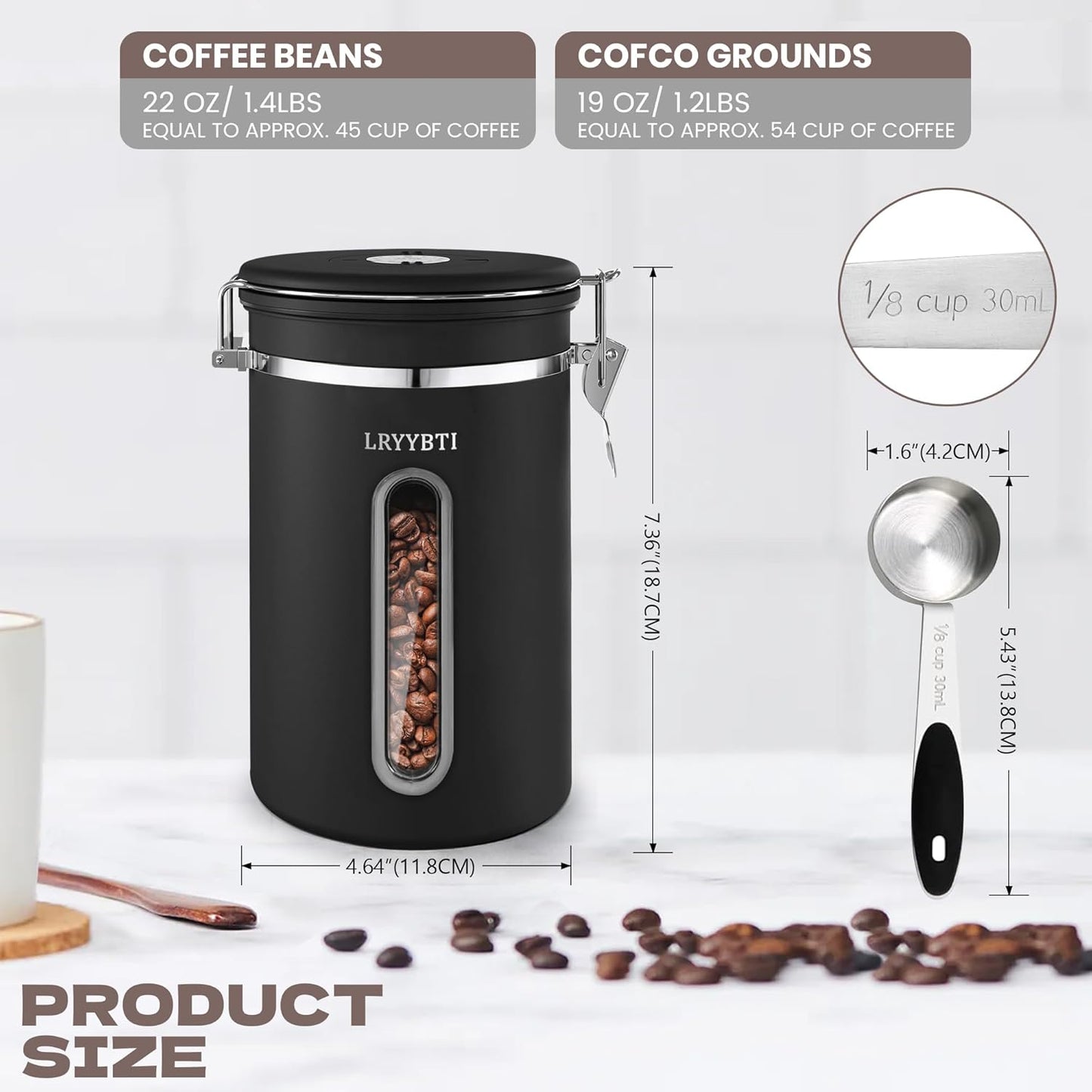 Coffee Canisters with Window,Scoop and Airtight Lid Stainless Steel Kitchen Bean Storage Grounds Container（22OZ/Black)Date Tracker and Scoop for Grounds Coffee Bar Accessories Beans, Cereal, Sugar