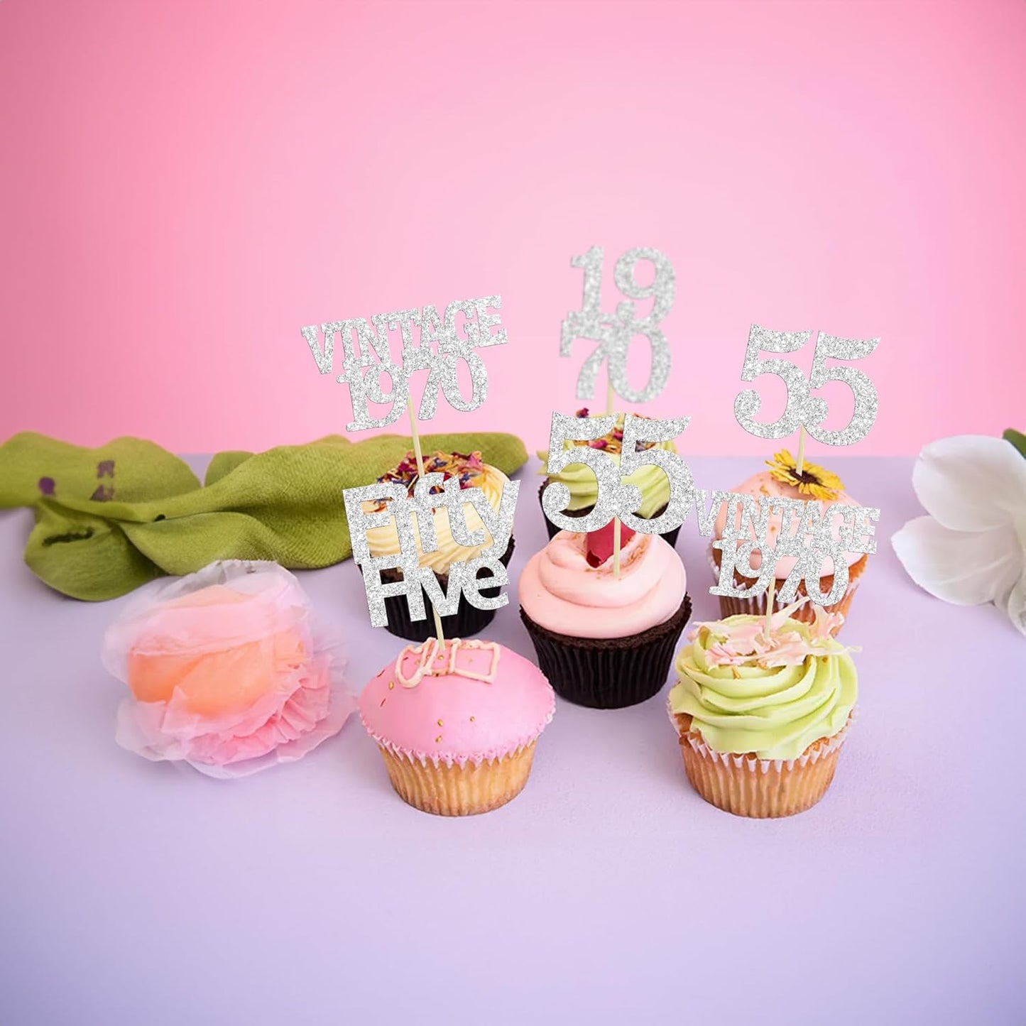 Gyufise 24Pcs 55th Birthday Cupcake Toppers Glitter Cheers to 55 Fabulous Fifty Five Vintage 1970 Cupcake Picks 55th Birthday Wedding Anniversary Party Cake Decorations Supplies Rose Gold