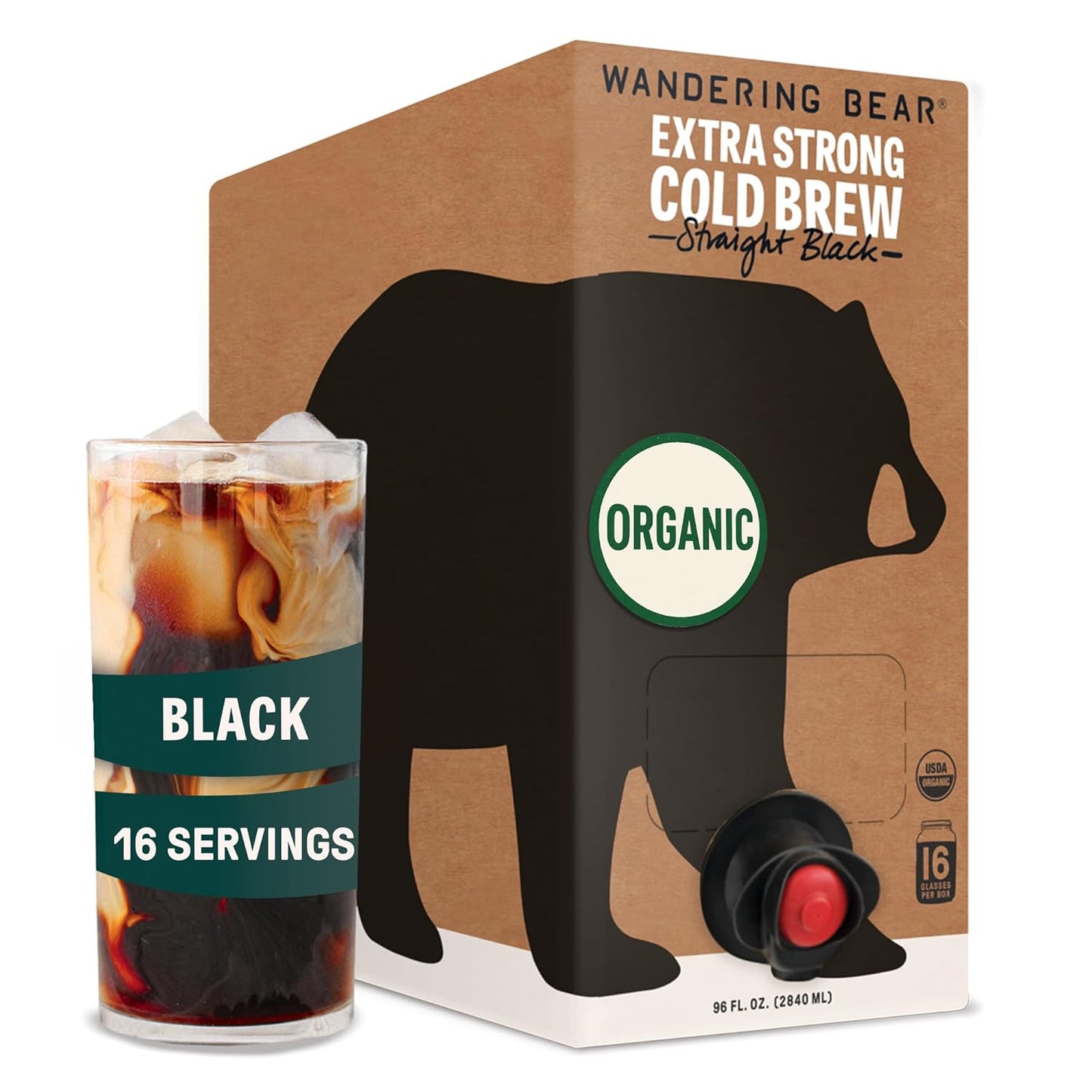 Wandering Bear Straight Black Organic Cold Brew Coffee On Tap, 96 fl oz - Extra Strong, Bold, Smooth, Unsweetened, Shelf-Stable, Ready to Drink, 100% Organic, Iced Cold Brewed Coffee Drinks