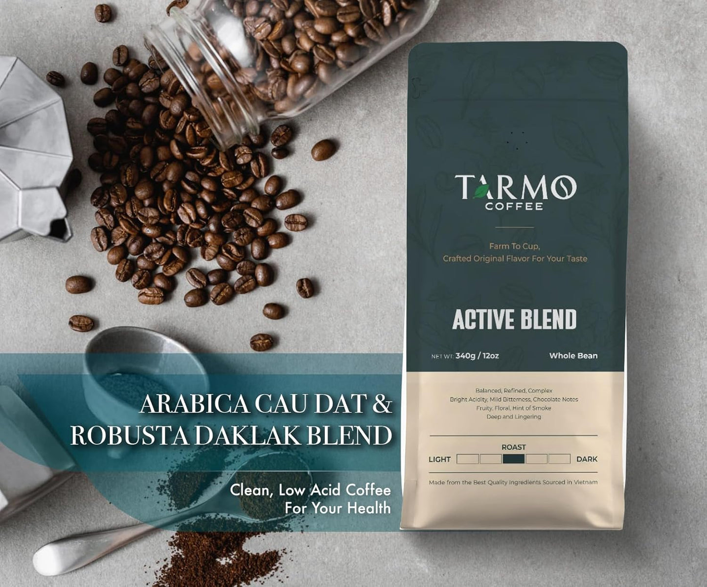 TARMO - ACTIVE BLEND | Low Acid ARABICA & ROBUSTA BLEND Whole Bean Coffee | Specialty Vietnamese Coffee | Single Origin Medium Roast | Premium Espresso Beans, 12 Oz Bag