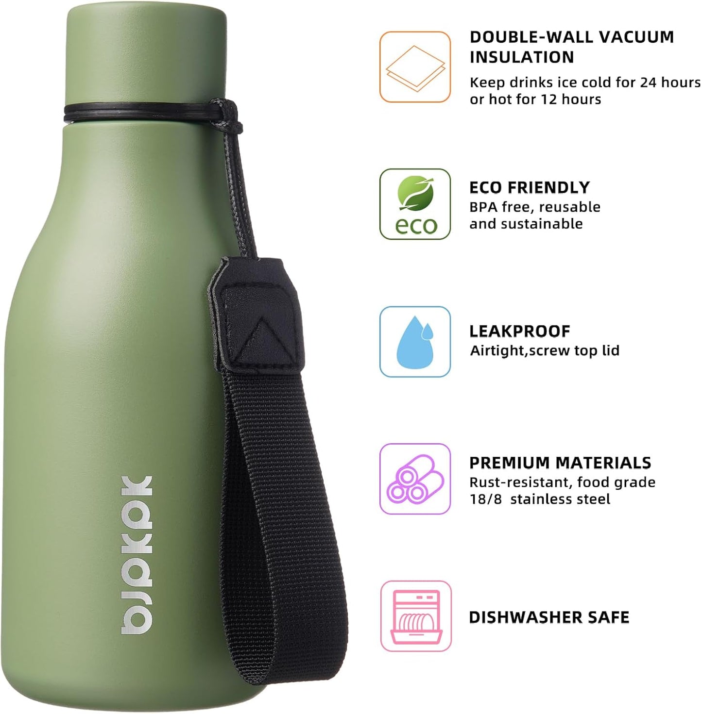 BJPKPK Insulated Water Bottles, 12oz Stainless Steel Metal Water Bottle with Strap, BPA Free Leak Proof Thermos, Mugs, Flasks, Reusable Water Bottle for Sports & Travel, Forest Green