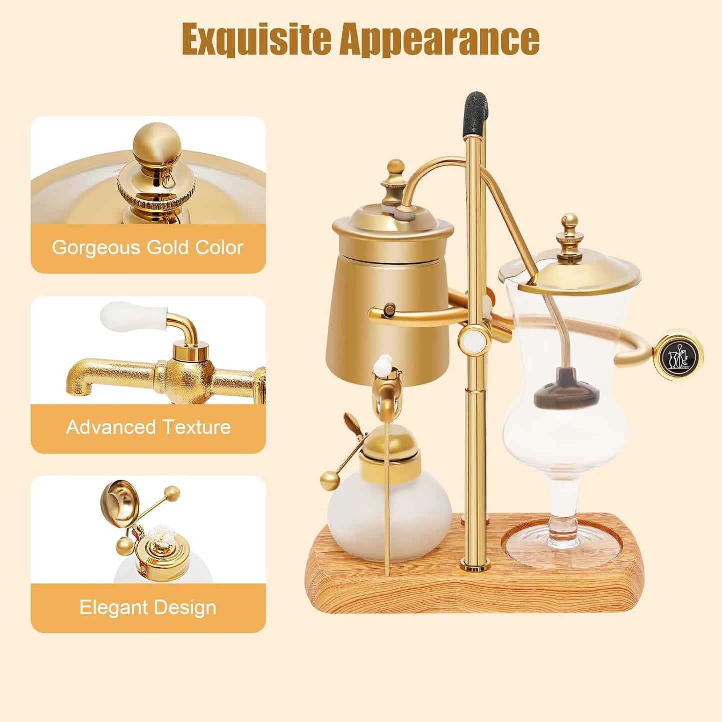 JOMCYDM Balance Syphon Coffee Maker Elegant Unique Belgian Machine for Coffee and Tea Easy to Clean Integrated Filter Gold Accents Decorative Design Best Tasting Coffee Espresso Brewer