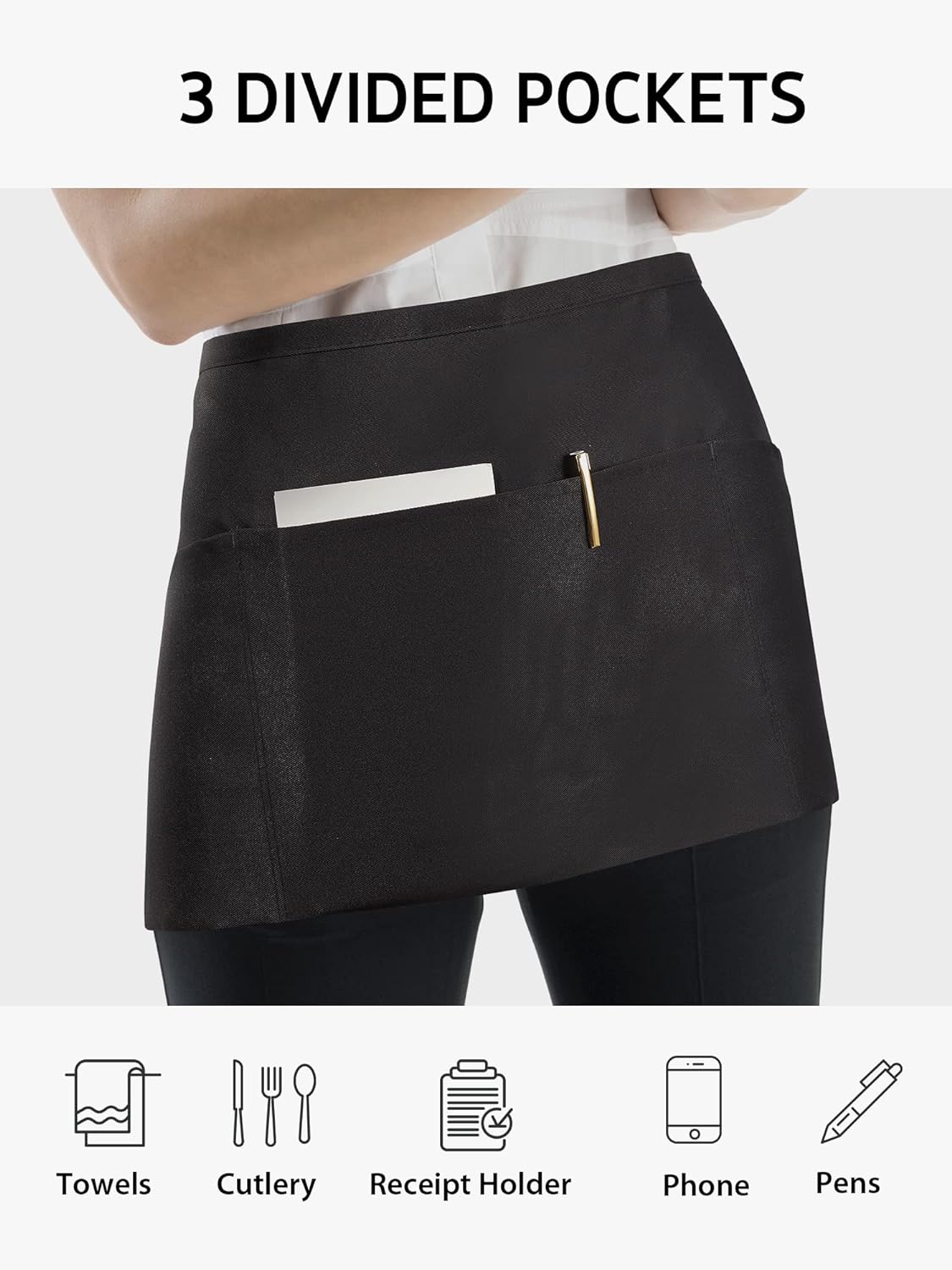 Syntus 3 Pack Server Aprons with 3 Pockets, 100% Cotton Waitress Waiter Waist Apron, 11.5-inch Black