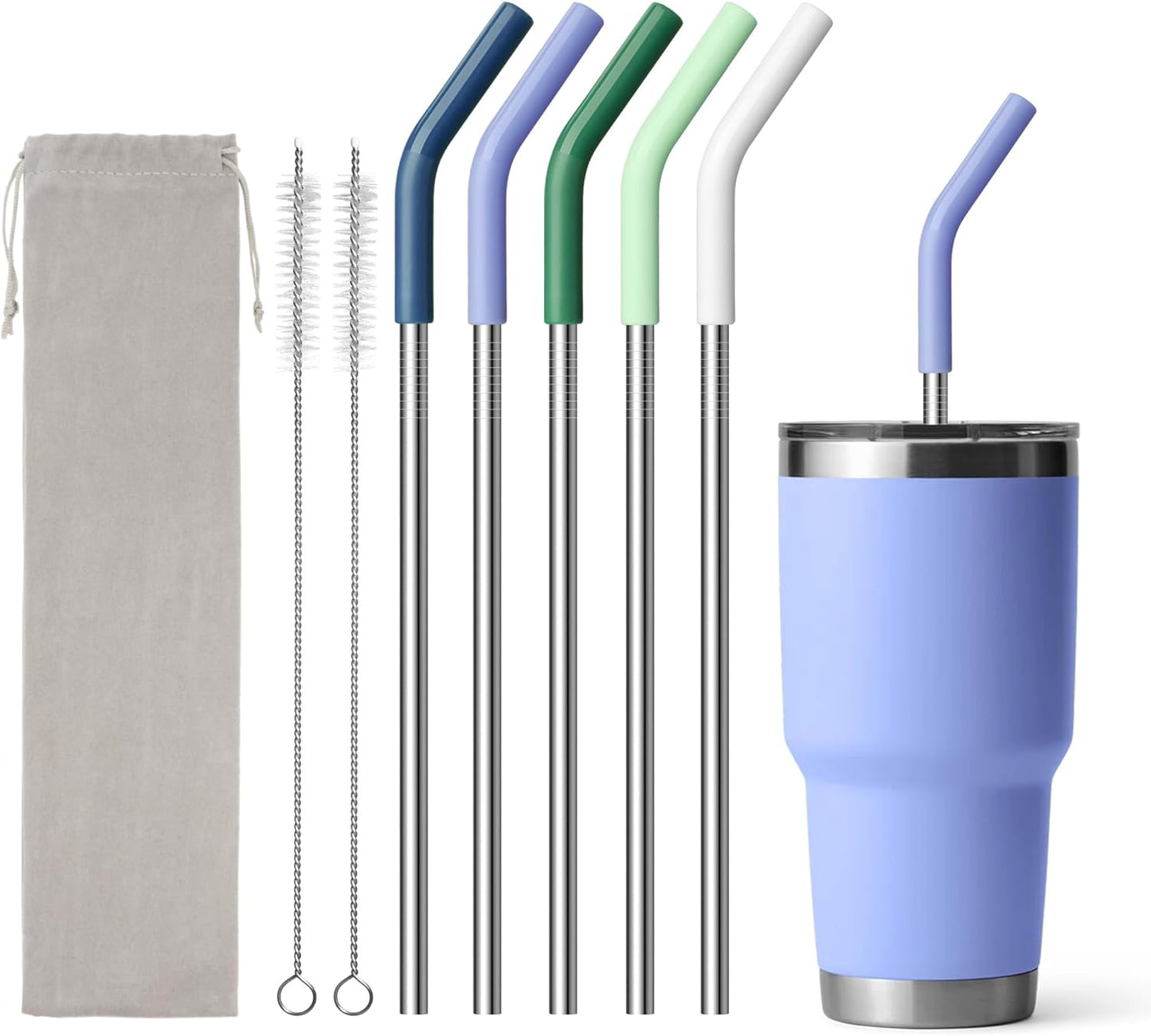 9.5" Metal Straws Reusable for 30/32 oz Tumbler, 5 Pcs Stainless Steel Drinking Straws for Yeti/RTIC/CIVAGO 30 oz Tumblers, 1 Portable Bag