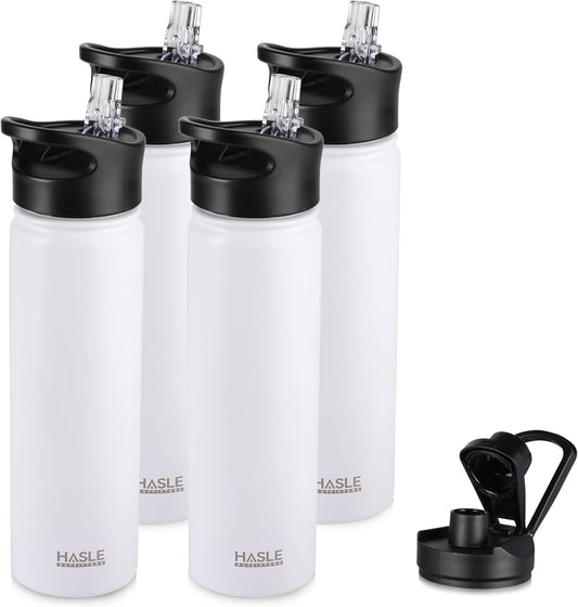 HASLE OUTFITTERS Insulated Water Bottle 22 oz Double Wall Stainless Steel Water Bottle Wide Mouth with Straw Lid & Spout Lid Keeps Cold or Hot(White,4)
