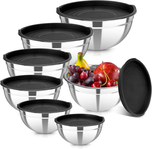 7 Piece Metal Mixing Bowls with Lids Set, Stainless Steel Nesting Design Salad Mixing Bowl Set for Kitchen Cooking, Baking, Prepping and Serving Food (Size 0.7, 1.1, 1.5, 2.1, 3.5, 4, 4.5QT)